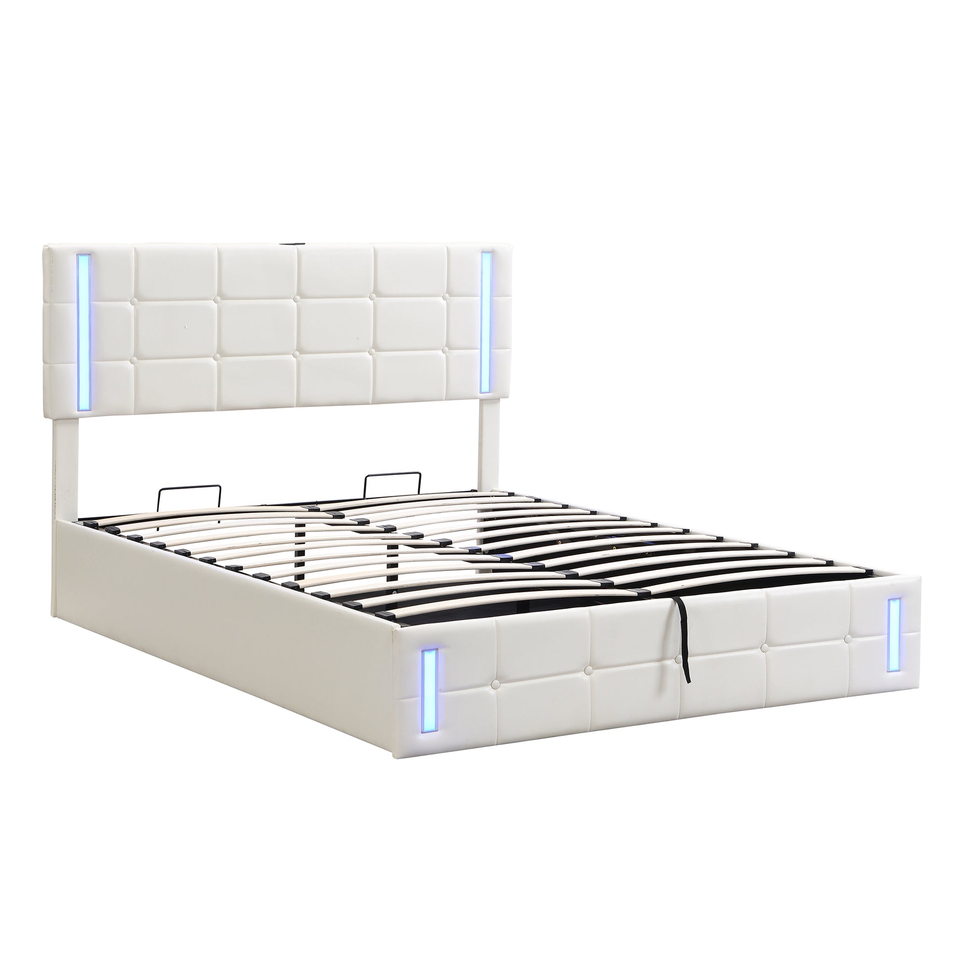Full Size Upholstered Bed With Led Lights,Hydraulic Storage System And Usb Charging Station,White White Pu