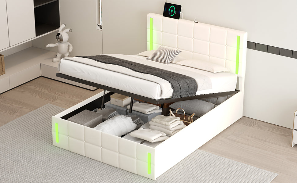 Full Size Upholstered Bed With Led Lights,Hydraulic Storage System And Usb Charging Station,White White Pu