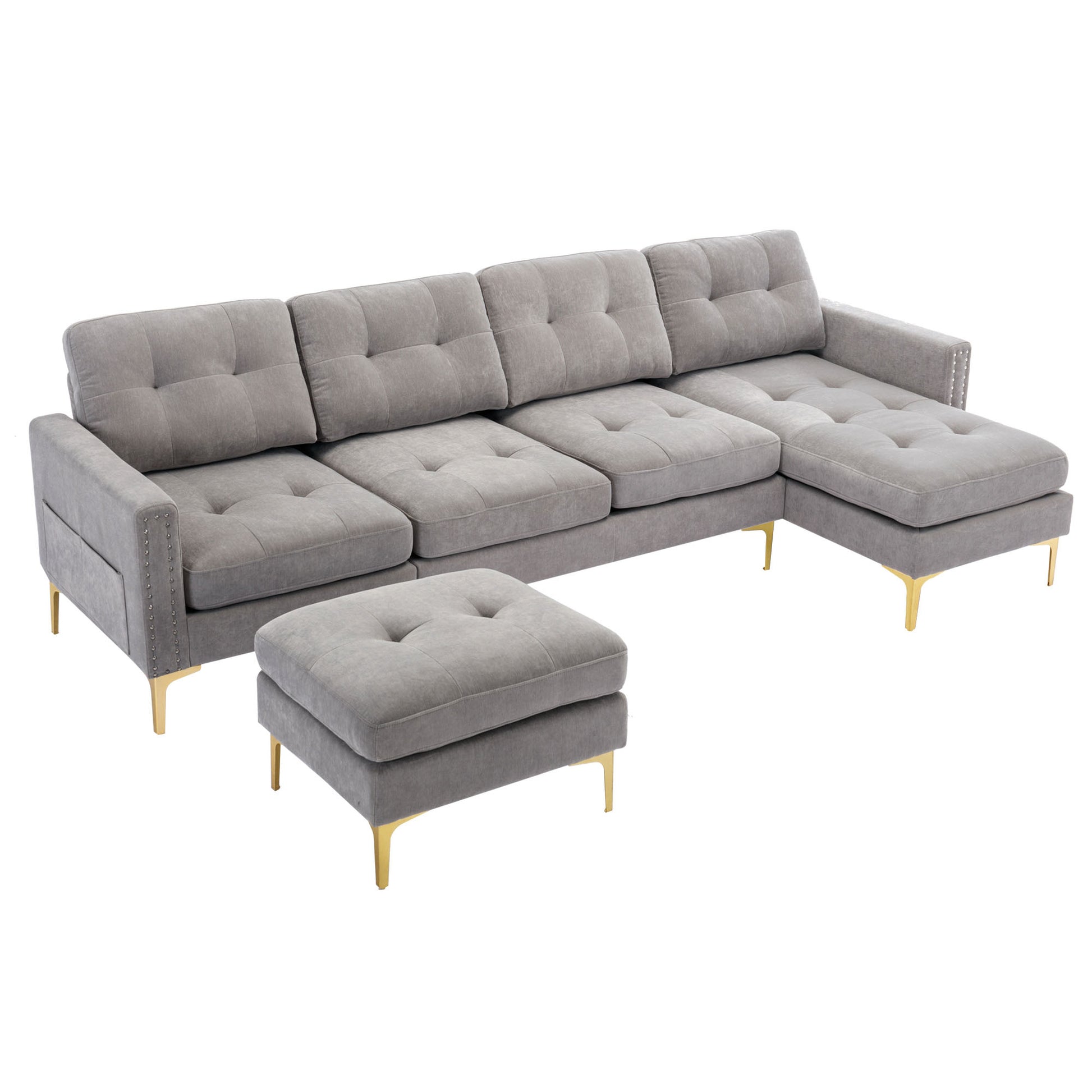 110" L Shape Convertible Sectional Sofa Couch With Movable Ottoman For Living Room, Apartment, Office, Light Grey Light Grey Foam Velvet 4 Seat