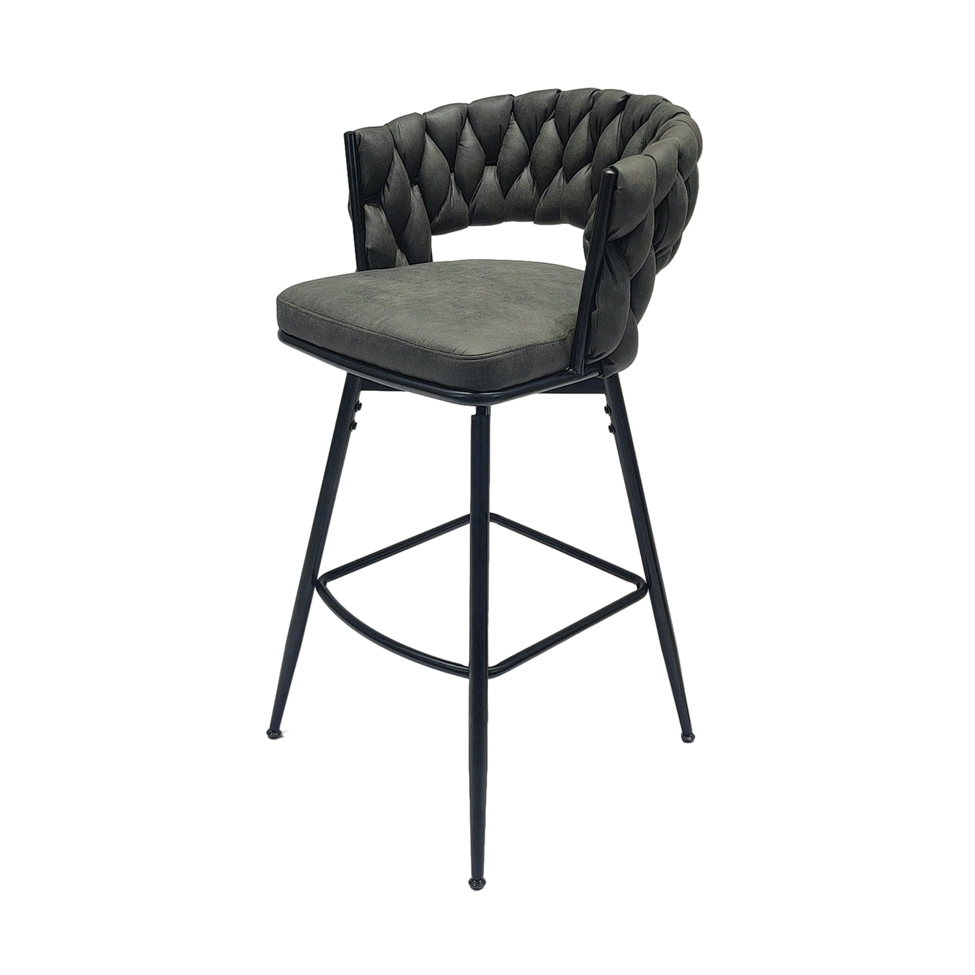 Technical Leather Woven Bar Stool Set Of 2,Black Legs Barstools No Adjustable Kitchen Island Chairs,360 Swivel Bar Stools Upholstered Counter Stool Arm Chairs With Back Footrest, Tan Metal Black Brown Kitchen Dining Chairs Foam Technical Leather