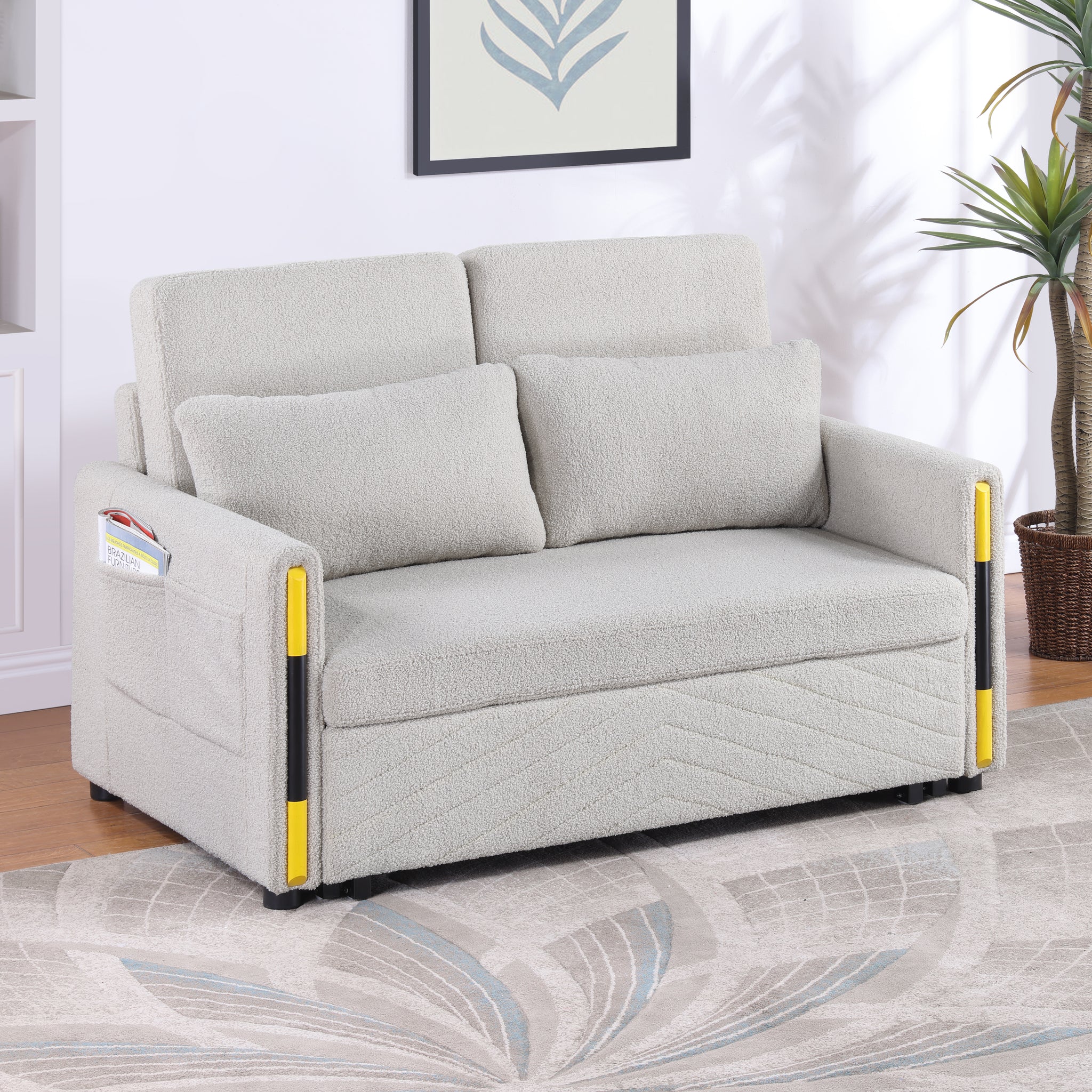 Percy 55.5"W Beige Teddy Velvet Sleeper Loveseat With Dual Pull Sleeper Design Beige Fabric