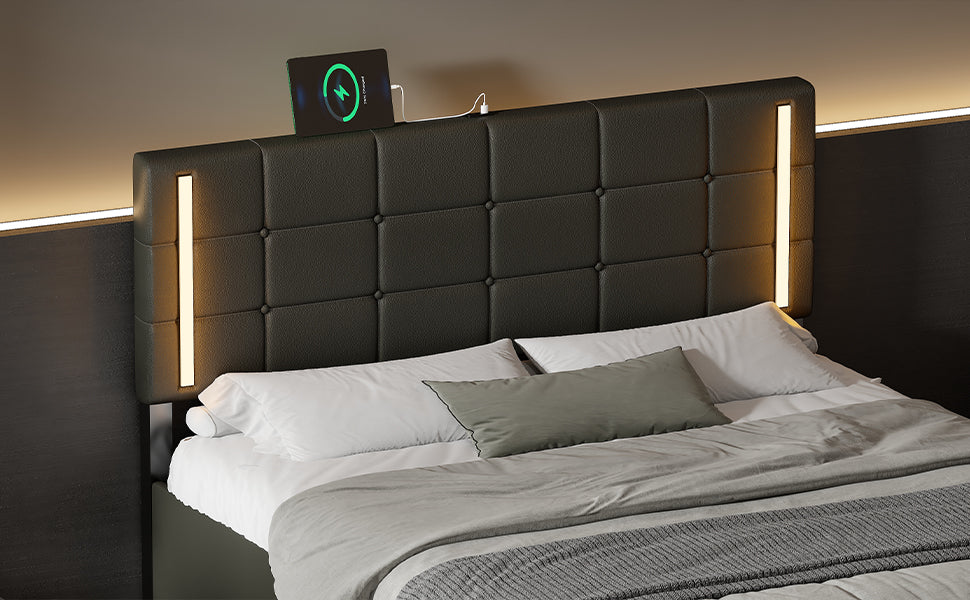 Queen Size Upholstered Bed With Led Lights,Hydraulic Storage System And Usb Charging Station,Black Black Pu