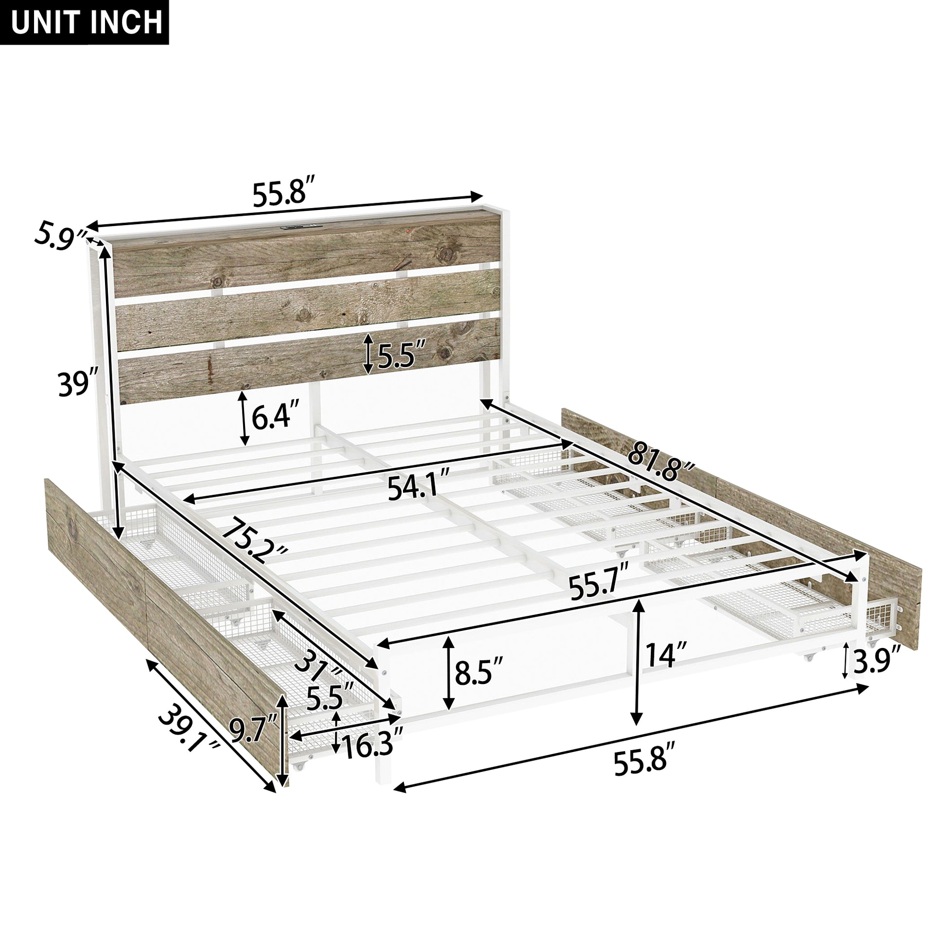 Metal Platform Bed With Four Drawers, Sockets And Usb Ports, Full, White Full White Mdf Metal