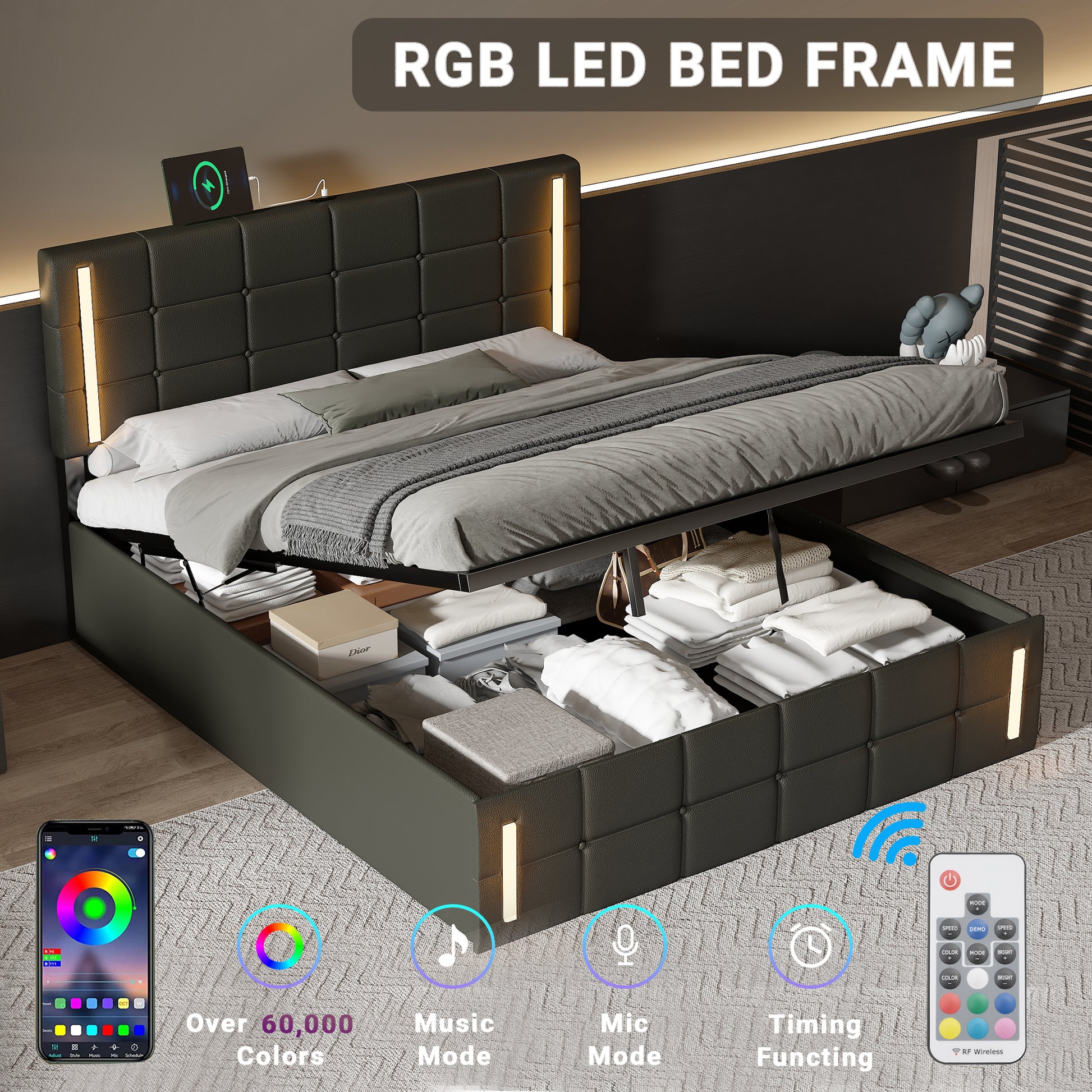 Queen Size Upholstered Bed With Led Lights,Hydraulic Storage System And Usb Charging Station,Black Black Pu