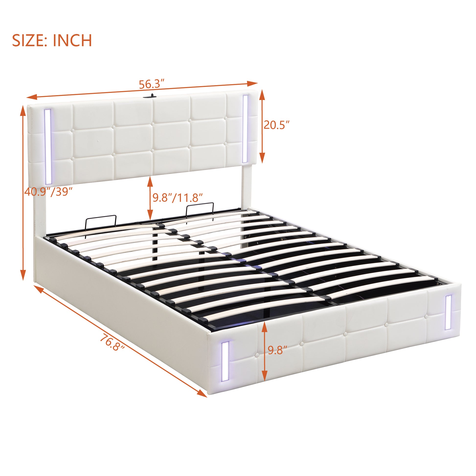 Full Size Upholstered Bed With Led Lights,Hydraulic Storage System And Usb Charging Station,White White Pu