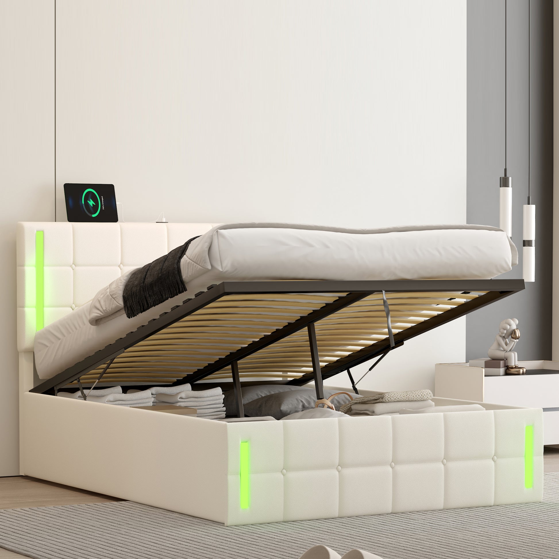 Full Size Upholstered Bed With Led Lights,Hydraulic Storage System And Usb Charging Station,White White Pu