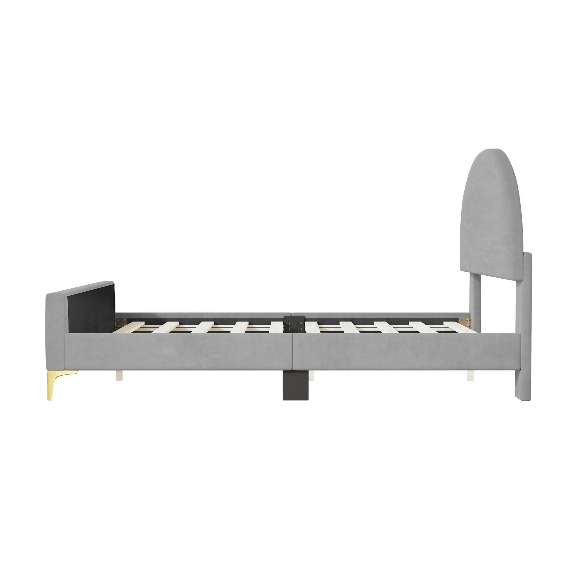 Full Size Upholstered Platform Bed With Classic Semi Circle Shaped Headboard And Mental Legs, Velvet, Gray Gray Velvet