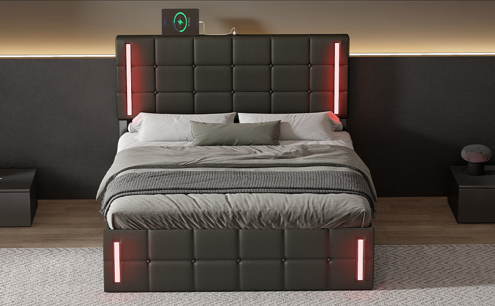 Full Size Upholstered Bed With Led Lights,Hydraulic Storage System And Usb Charging Station,Black Black Pu