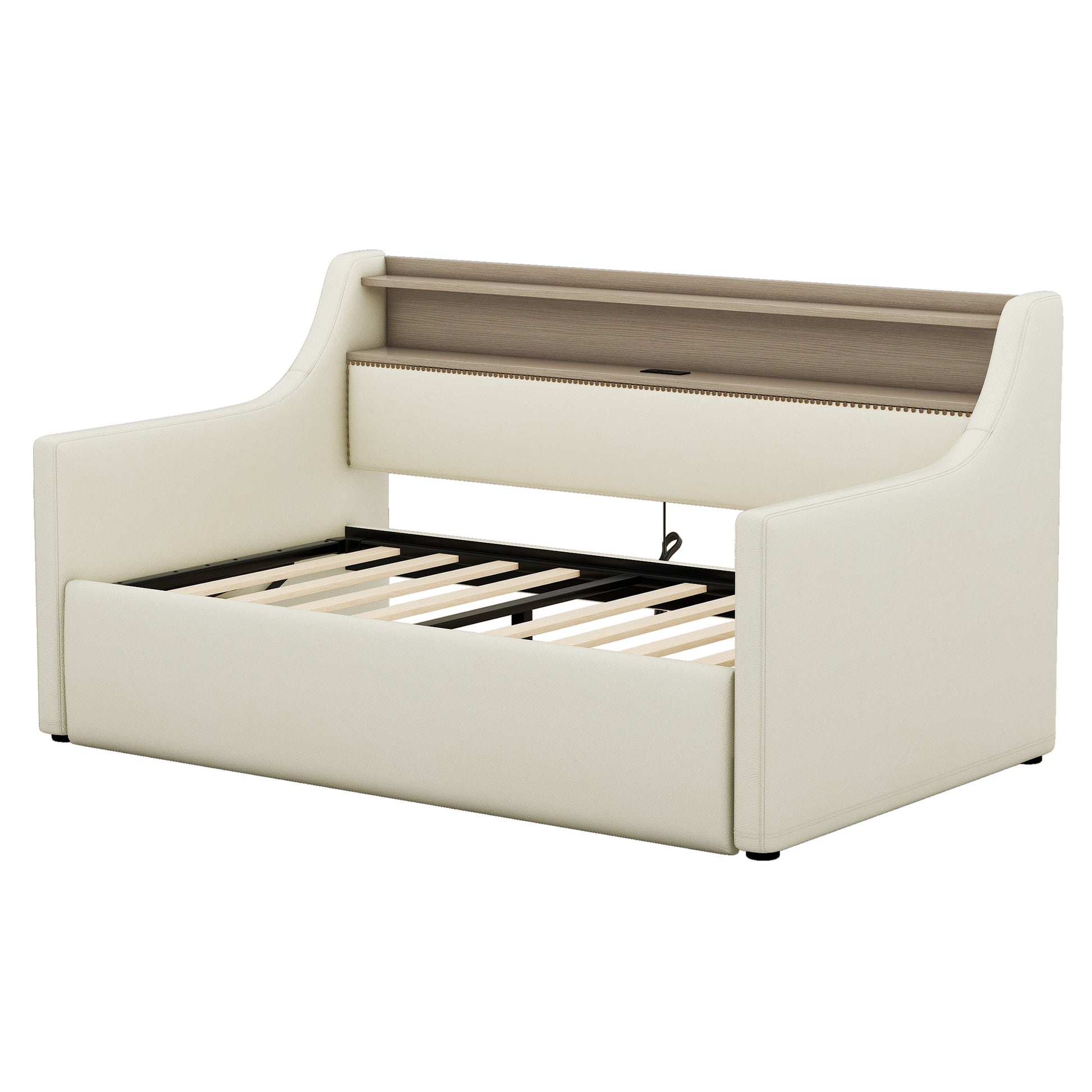 Twin Size Daybed With Hydraulic Storage, Upholstered Daybed With Lift Up Storage, Twin Leather Daybed With Charging Station And Led Lights,Beige Twin Beige Pu Leather