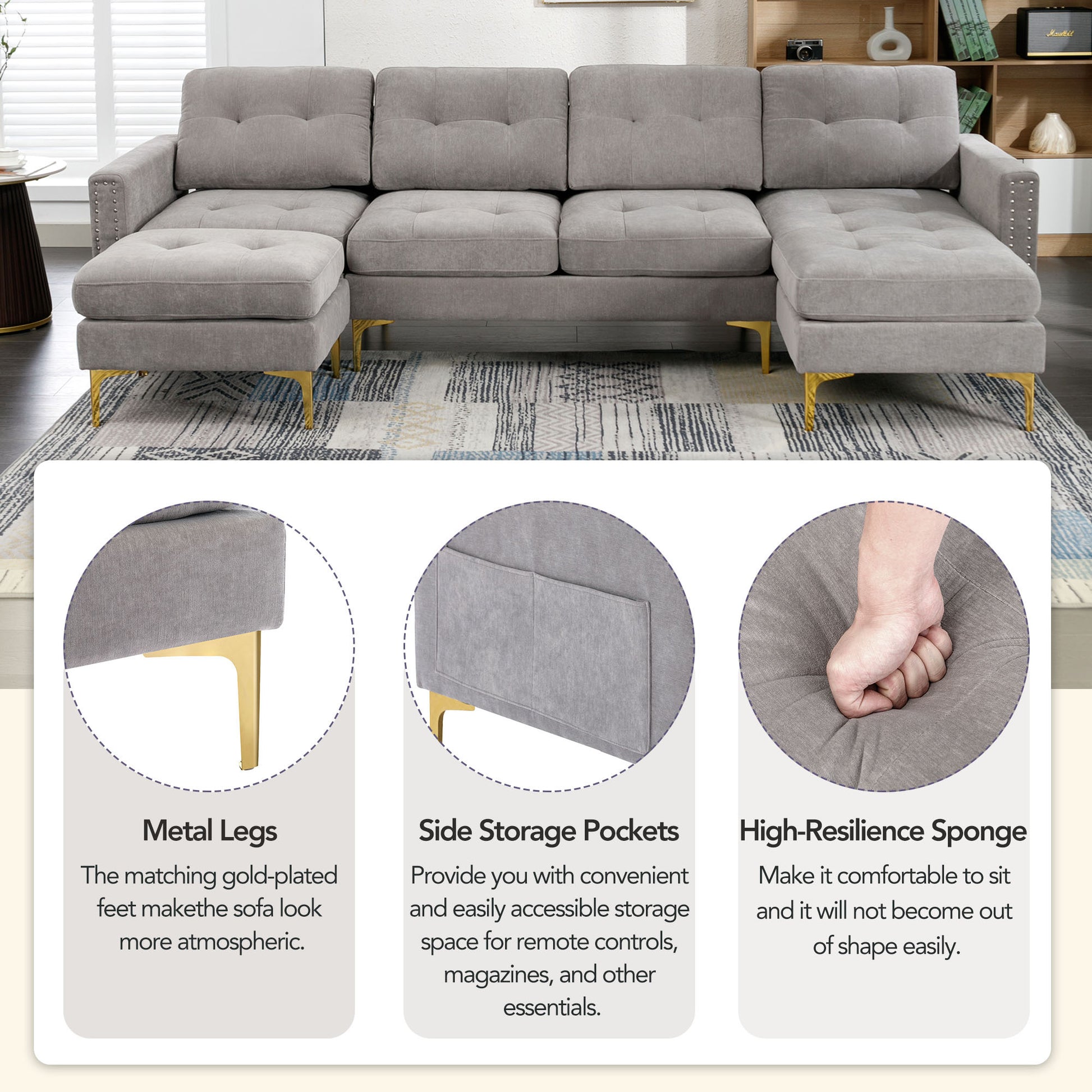 110" L Shape Convertible Sectional Sofa Couch With Movable Ottoman For Living Room, Apartment, Office, Light Grey Light Grey Foam Velvet 4 Seat