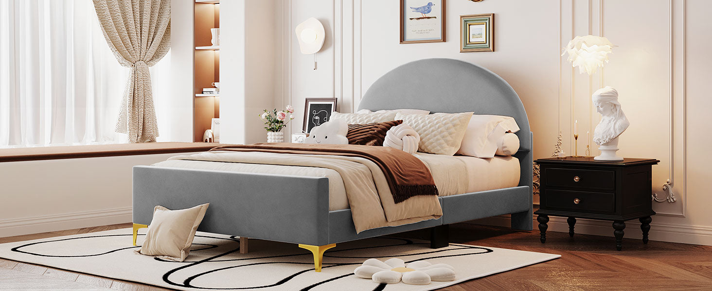 Full Size Upholstered Platform Bed With Classic Semi Circle Shaped Headboard And Mental Legs, Velvet, Gray Gray Velvet