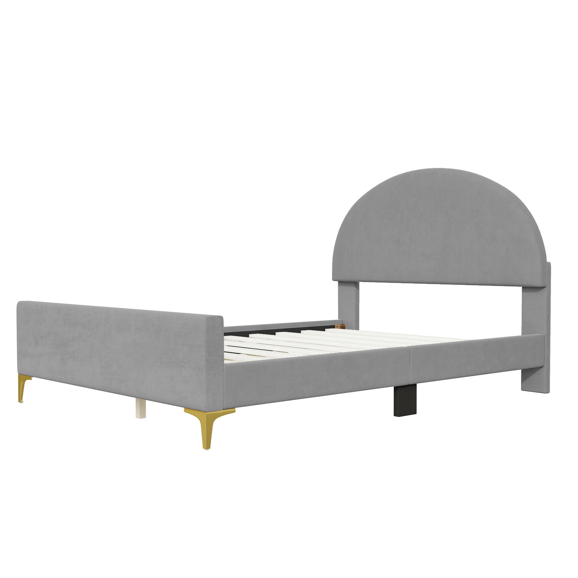 Full Size Upholstered Platform Bed With Classic Semi Circle Shaped Headboard And Mental Legs, Velvet, Gray Gray Velvet