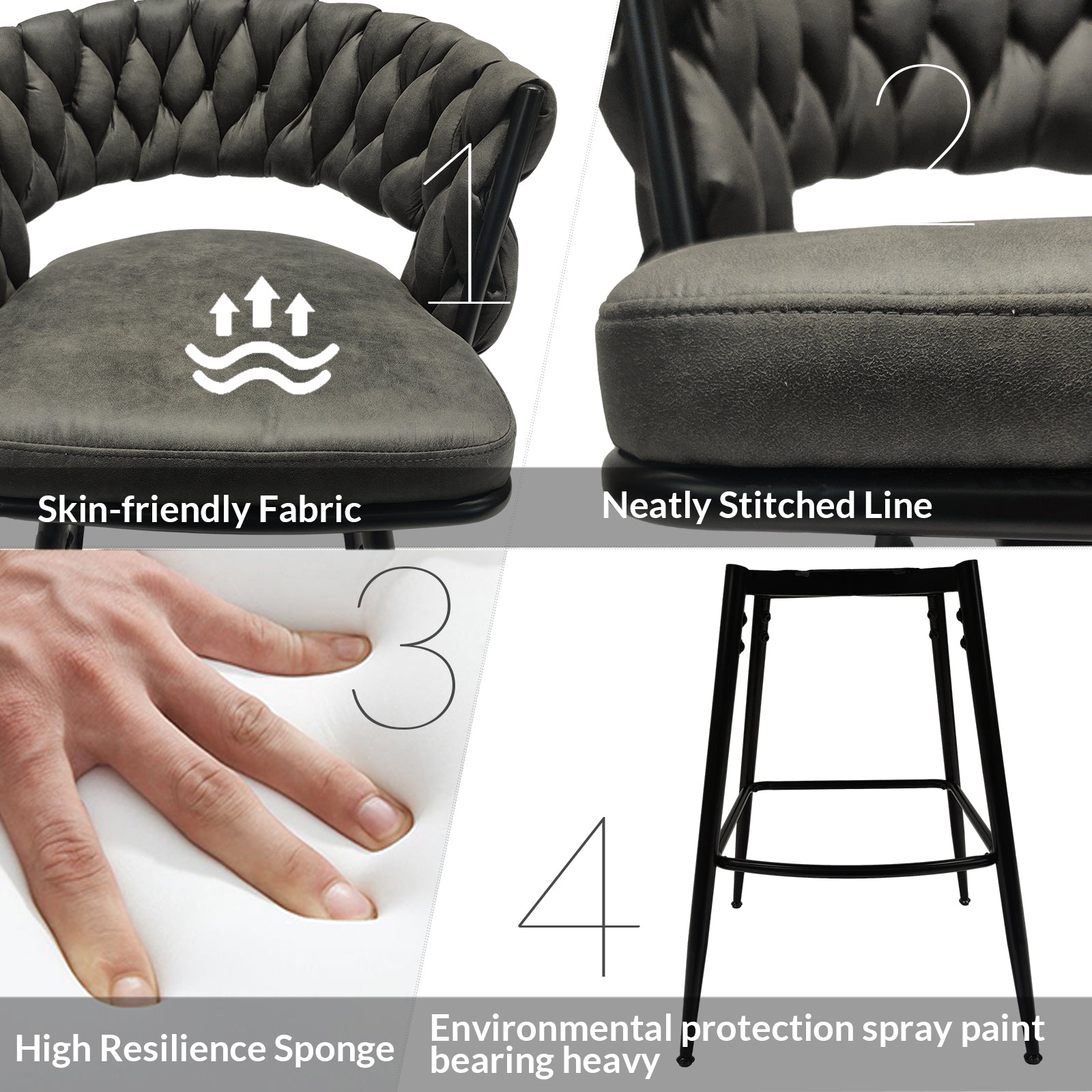 Technical Leather Woven Bar Stool Set Of 2,Black Legs Barstools No Adjustable Kitchen Island Chairs,360 Swivel Bar Stools Upholstered Counter Stool Arm Chairs With Back Footrest, Tan Metal Black Brown Kitchen Dining Chairs Foam Technical Leather