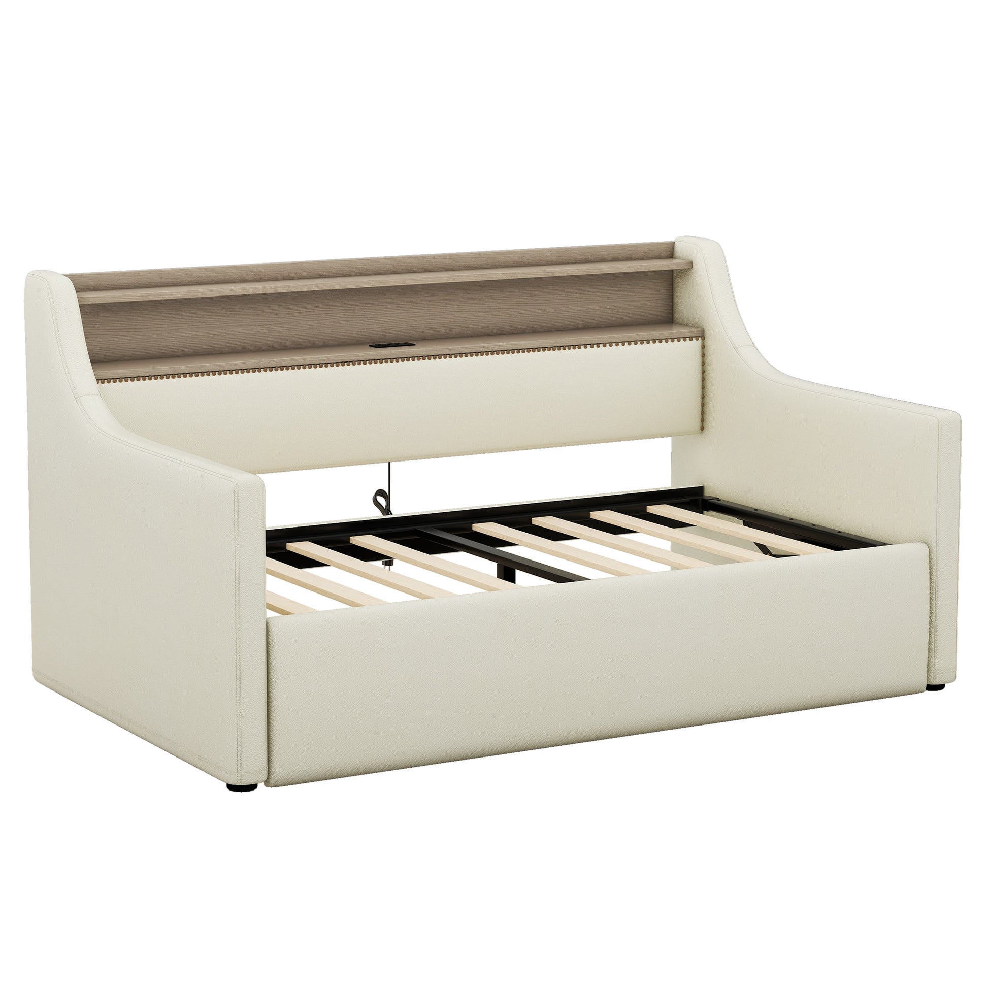 Twin Size Daybed With Hydraulic Storage, Upholstered Daybed With Lift Up Storage, Twin Leather Daybed With Charging Station And Led Lights,Beige Twin Beige Pu Leather