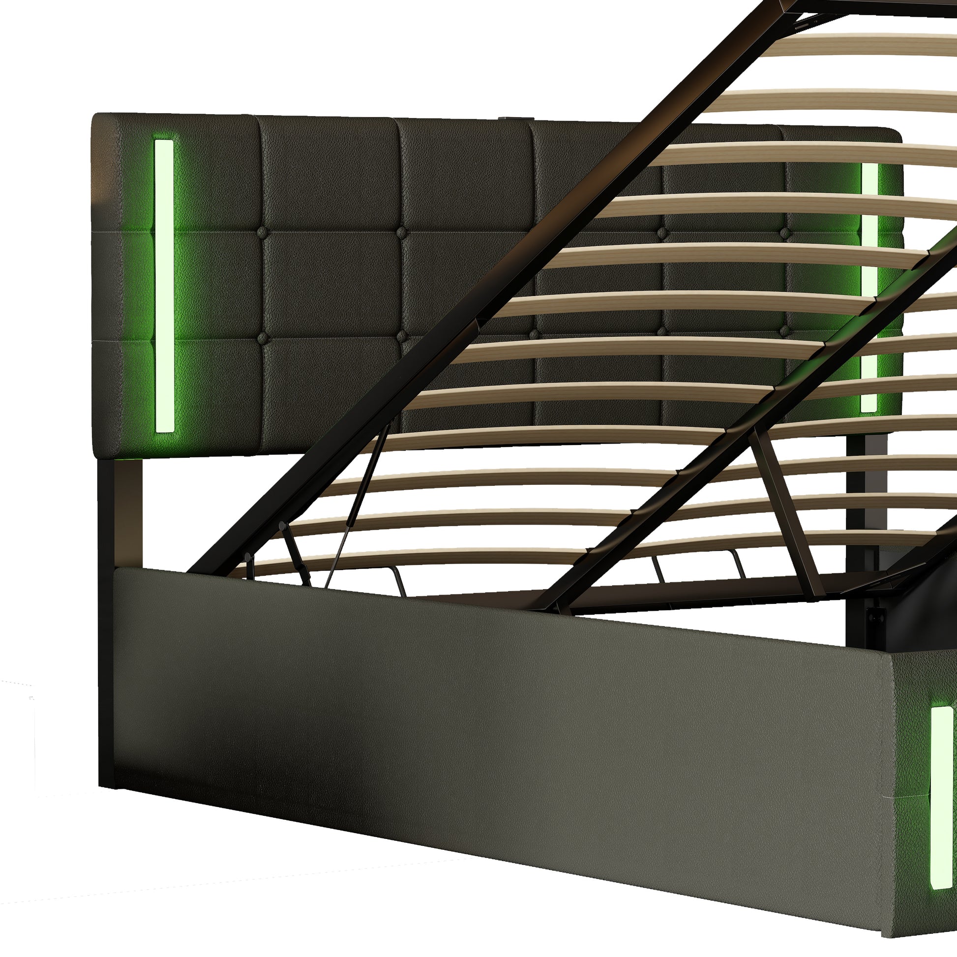 Queen Size Upholstered Bed With Led Lights,Hydraulic Storage System And Usb Charging Station,Black Black Pu