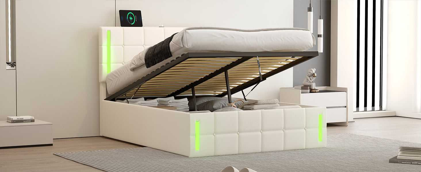 Full Size Upholstered Bed With Led Lights,Hydraulic Storage System And Usb Charging Station,White White Pu