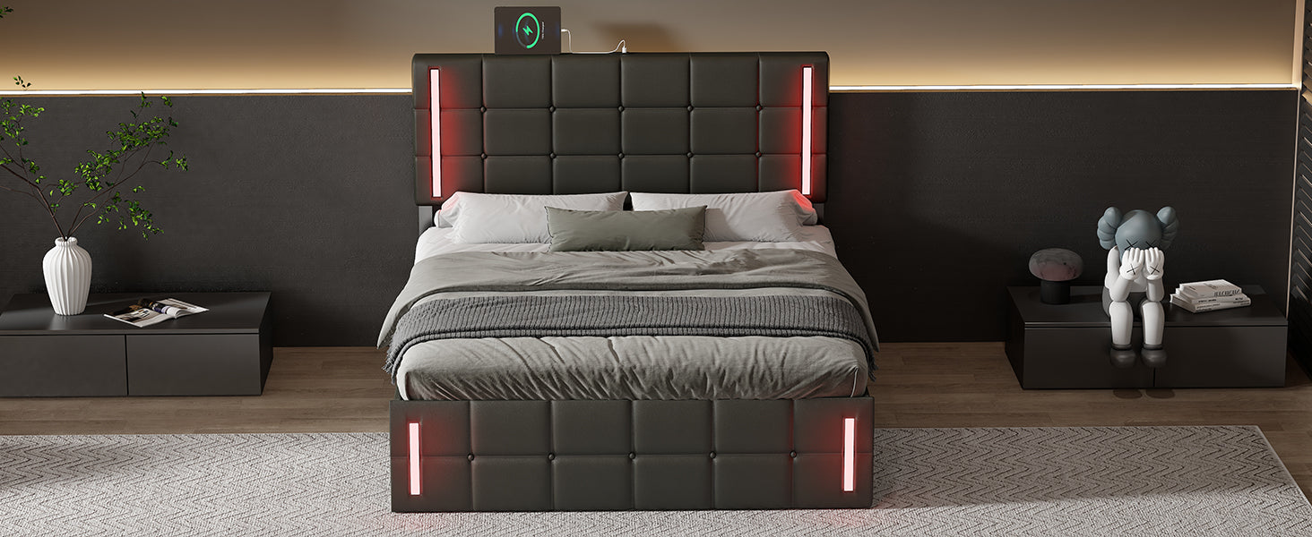 Full Size Upholstered Bed With Led Lights,Hydraulic Storage System And Usb Charging Station,Black Black Pu