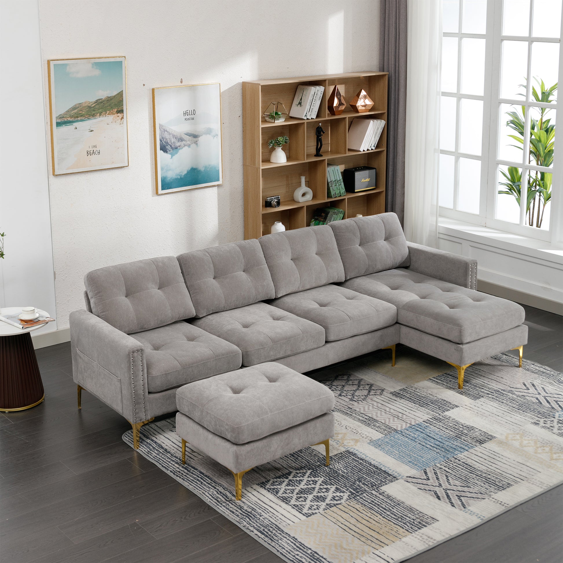 110" L Shape Convertible Sectional Sofa Couch With Movable Ottoman For Living Room, Apartment, Office, Light Grey Light Grey Foam Velvet 4 Seat