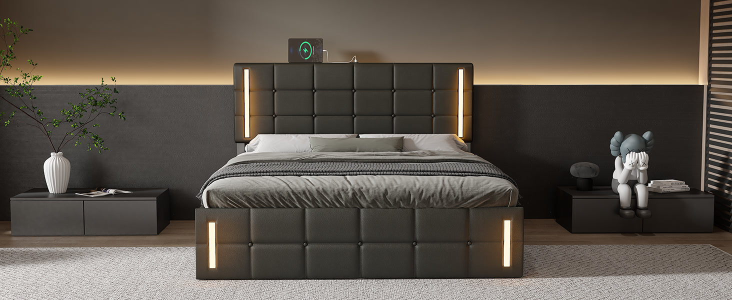 Queen Size Upholstered Bed With Led Lights,Hydraulic Storage System And Usb Charging Station,Black Black Pu