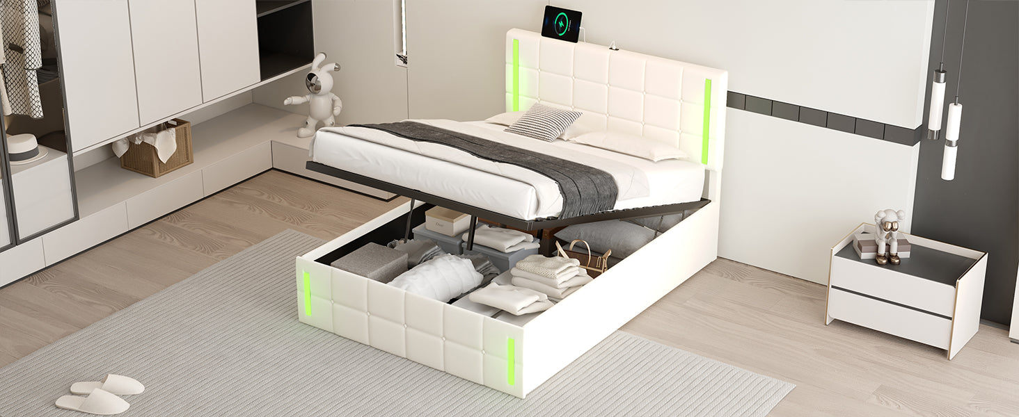 Full Size Upholstered Bed With Led Lights,Hydraulic Storage System And Usb Charging Station,White White Pu