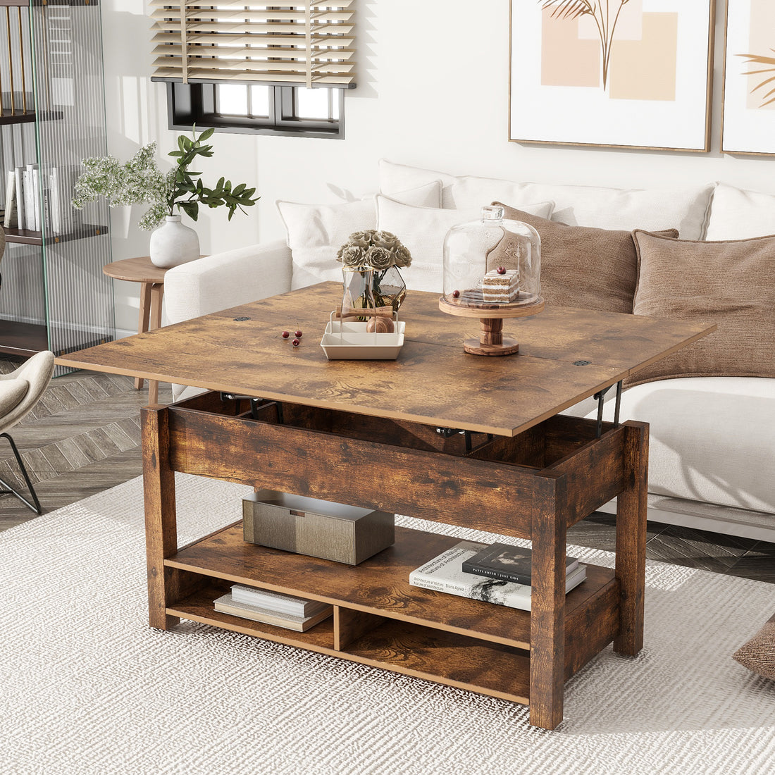 Lift Top Coffee Table, Multi Functional Coffee Table With Open Shelves, Modern Lift Tabletop Dining Table For Living Room, Home Office, Rustic Brown Rustic Brown Primary Living Space Particle Board