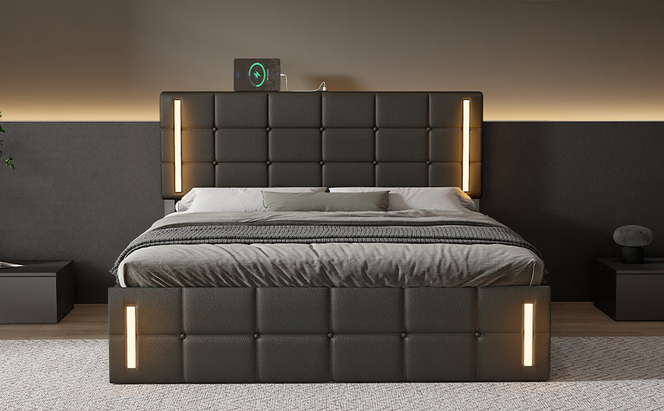Queen Size Upholstered Bed With Led Lights,Hydraulic Storage System And Usb Charging Station,Black Black Pu