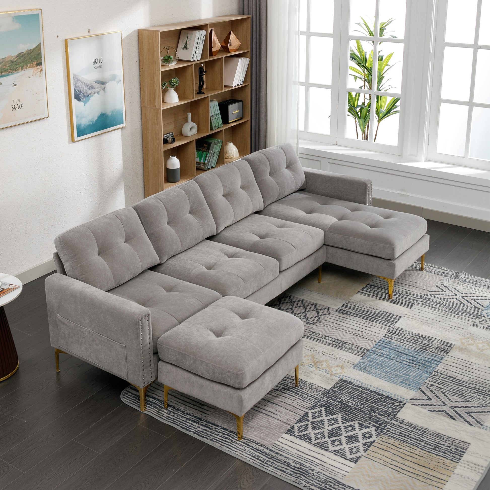 110" L Shape Convertible Sectional Sofa Couch With Movable Ottoman For Living Room, Apartment, Office, Light Grey Light Grey Foam Velvet 4 Seat
