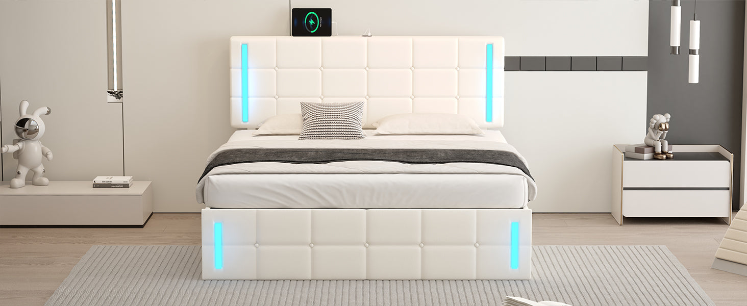 Queen Size Upholstered Bed With Led Lights,Hydraulic Storage System And Usb Charging Station,White White Pu