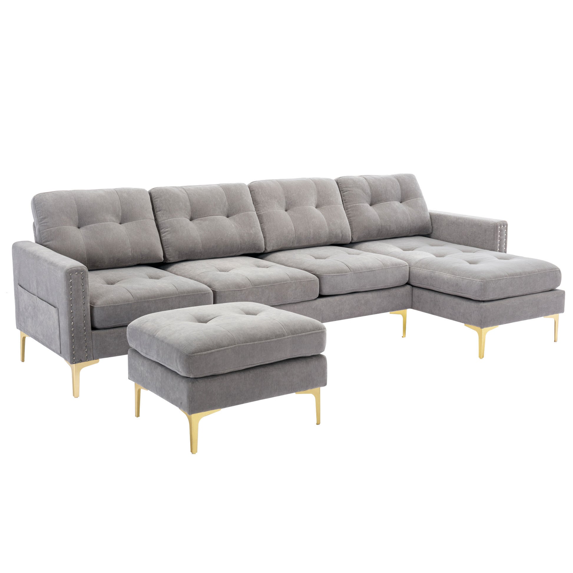 110" L Shape Convertible Sectional Sofa Couch With Movable Ottoman For Living Room, Apartment, Office, Light Grey Light Grey Foam Velvet 4 Seat