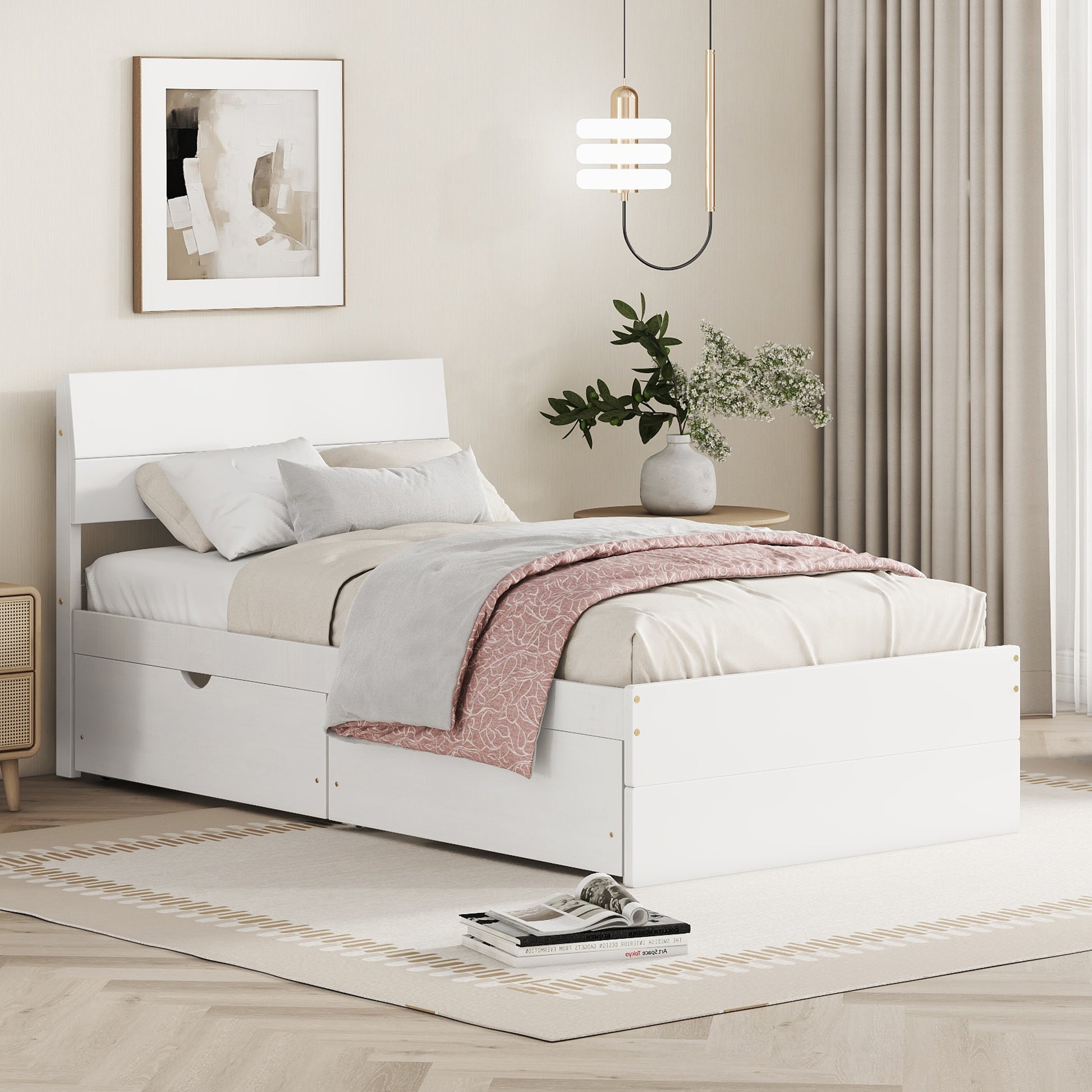 Modern Twin Bed Frame With 2 Drawers For White High Gloss Headboard And Footboard With Creamy White Color Box Spring Not Required Twin Creamy White,White Bedroom Bed Frame Mdf,Rubber Wood