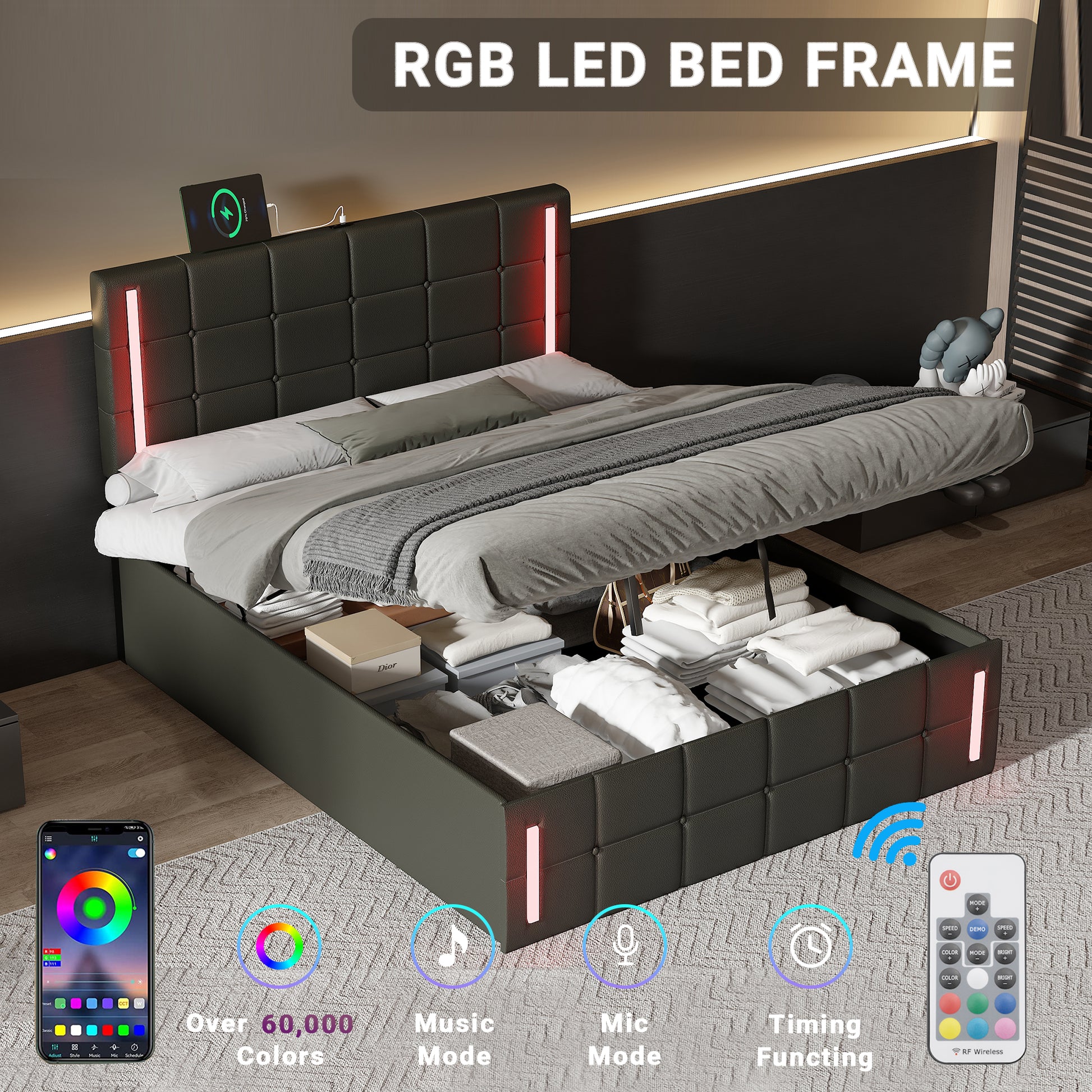 Full Size Upholstered Bed With Led Lights,Hydraulic Storage System And Usb Charging Station,Black Black Pu