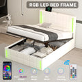 Full Size Upholstered Bed With Led Lights,Hydraulic Storage System And Usb Charging Station,White White Pu