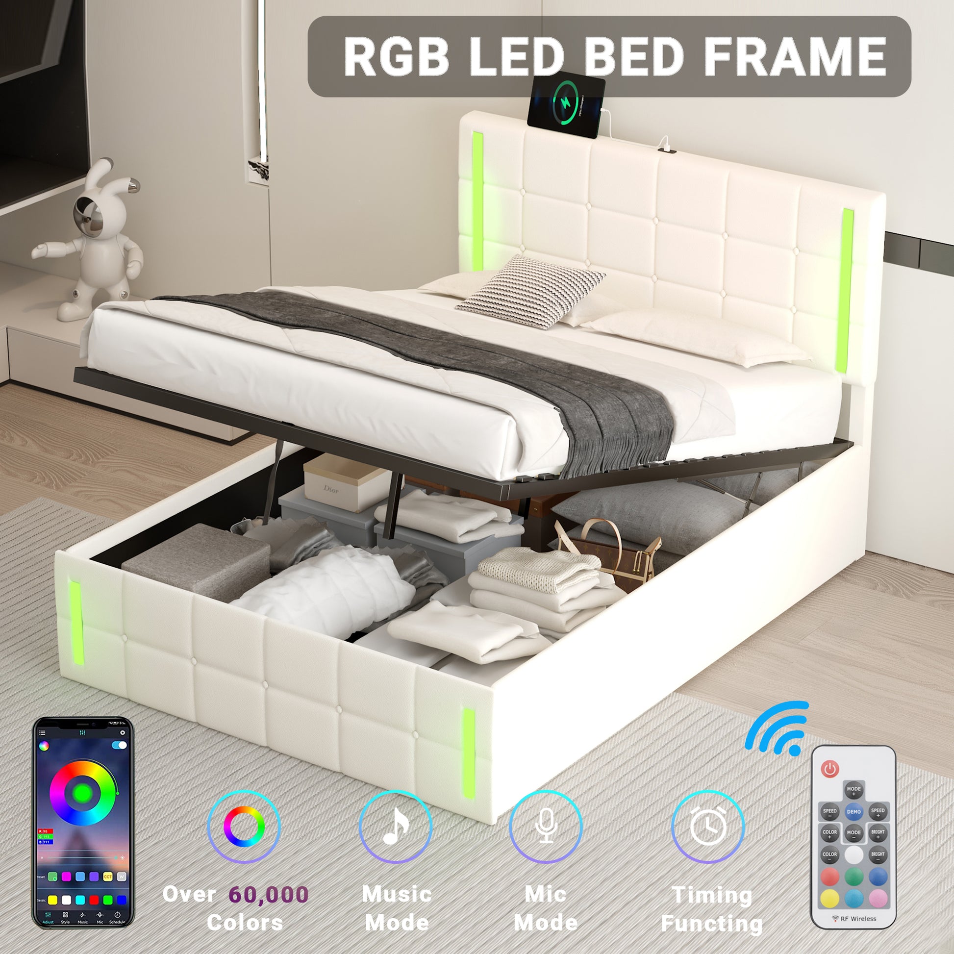 Full Size Upholstered Bed With Led Lights,Hydraulic Storage System And Usb Charging Station,White White Pu