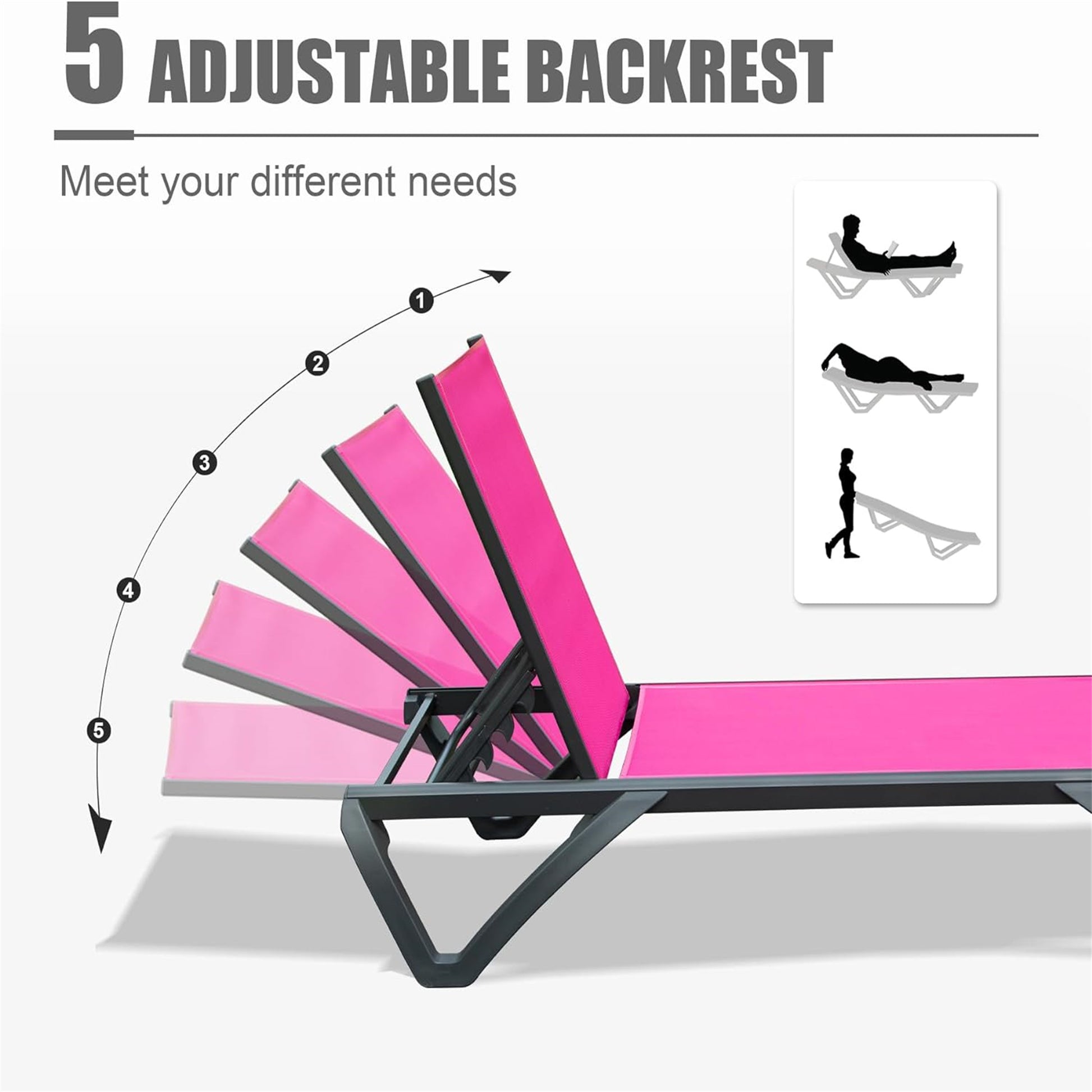 Outdoor Lounge Chair, Aluminum Plastic Patio Chaise Lounge With Side Table & 5 Position Adjustable Backrest & Wheels, All Weather Reclining Chair For Outside Beach Poolside Lawn, Rose Red Rose Red Aluminum