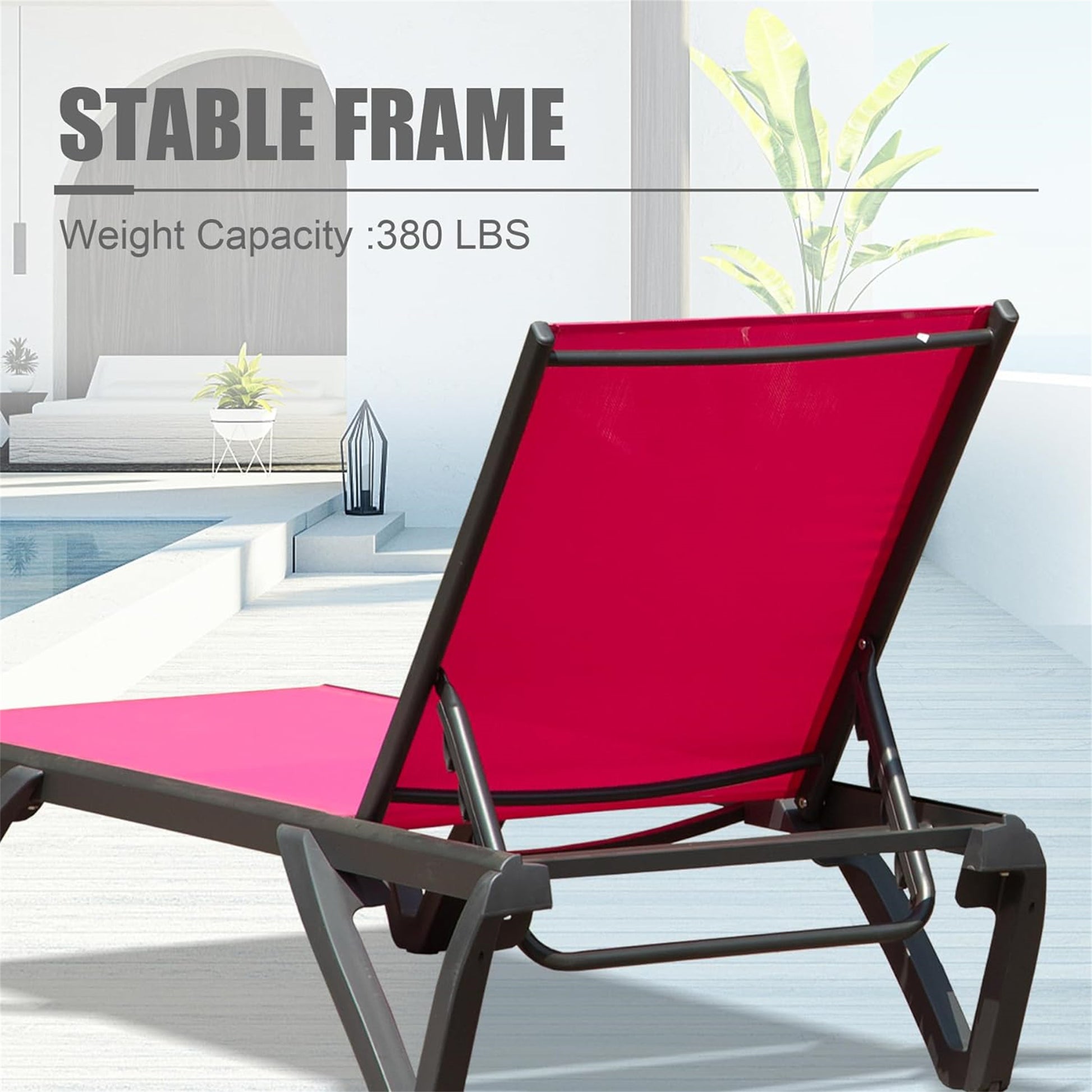 Outdoor Lounge Chair, Aluminum Plastic Patio Chaise Lounge With Side Table & 5 Position Adjustable Backrest & Wheels, All Weather Reclining Chair For Outside Beach Poolside Lawn, Rose Red Rose Red Aluminum