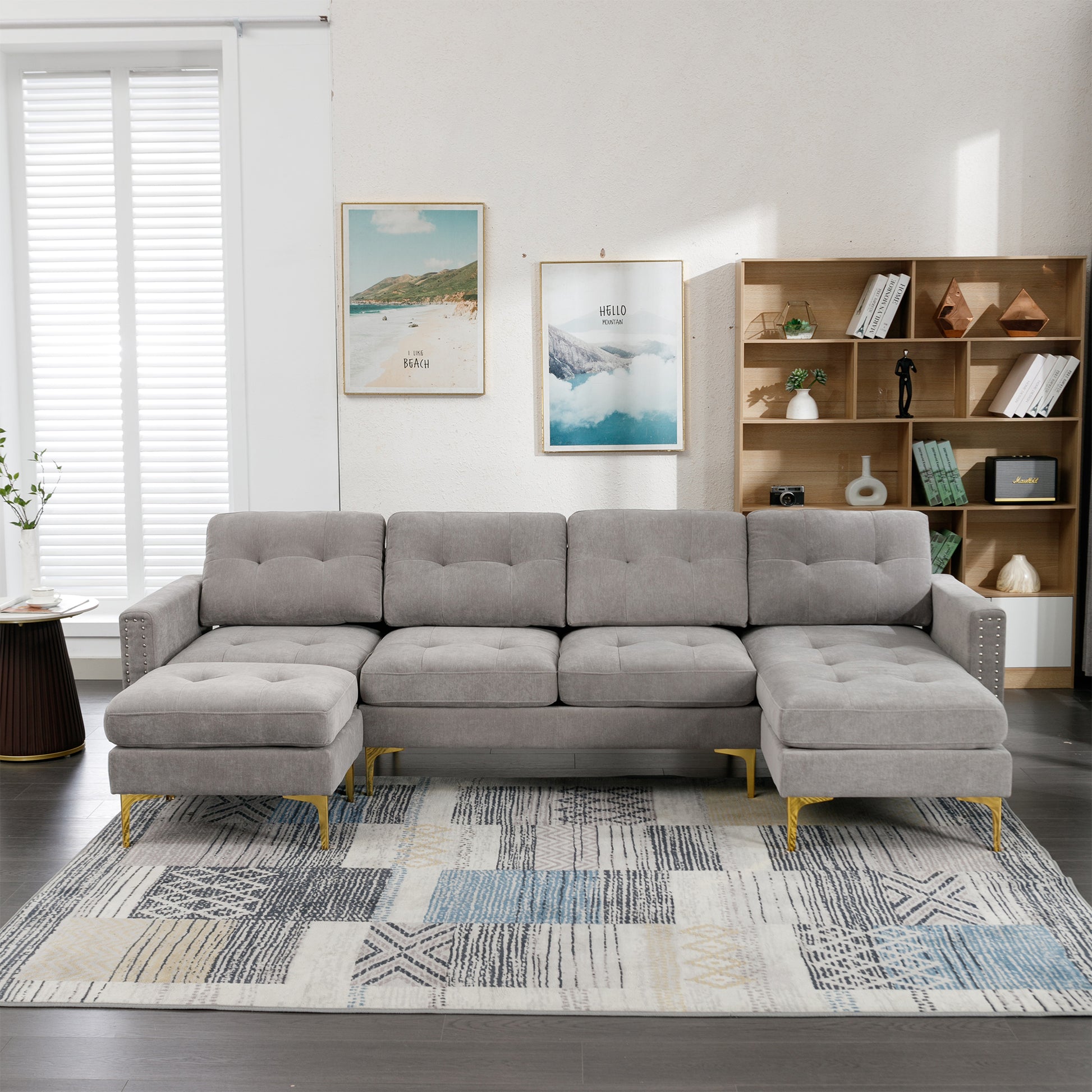 110" L Shape Convertible Sectional Sofa Couch With Movable Ottoman For Living Room, Apartment, Office, Light Grey Light Grey Foam Velvet 4 Seat