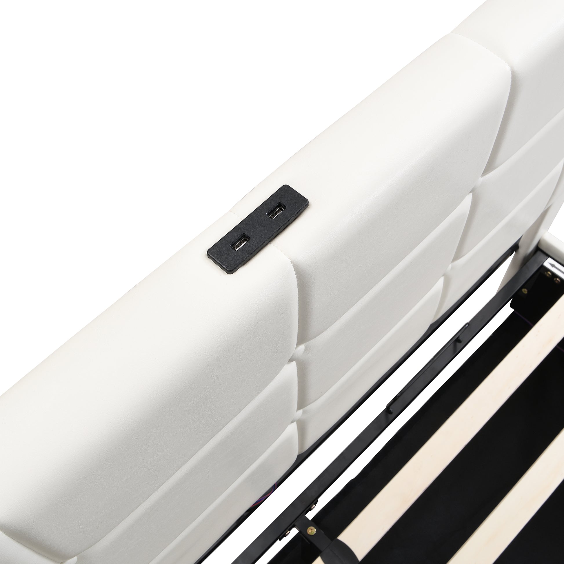 Full Size Upholstered Bed With Led Lights,Hydraulic Storage System And Usb Charging Station,White White Pu
