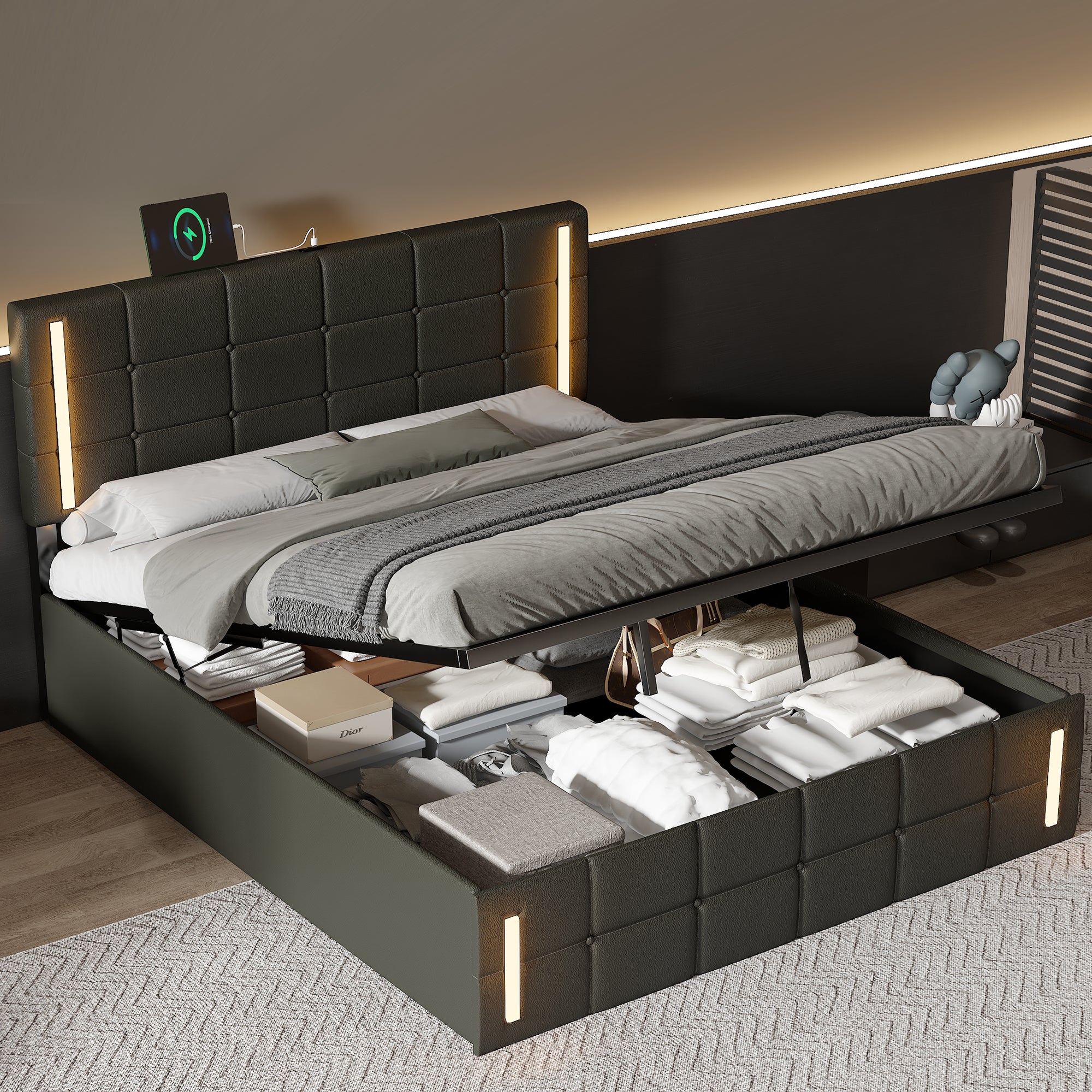 Queen Size Upholstered Bed With Led Lights,Hydraulic Storage System And Usb Charging Station,Black Black Pu