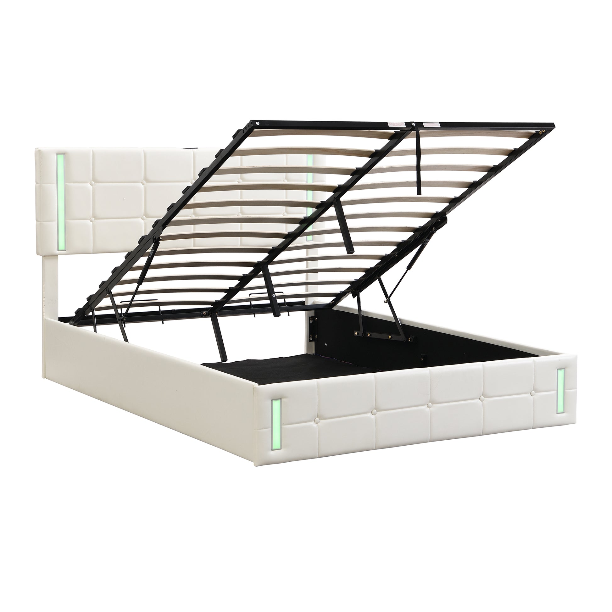 Full Size Upholstered Bed With Led Lights,Hydraulic Storage System And Usb Charging Station,White White Pu
