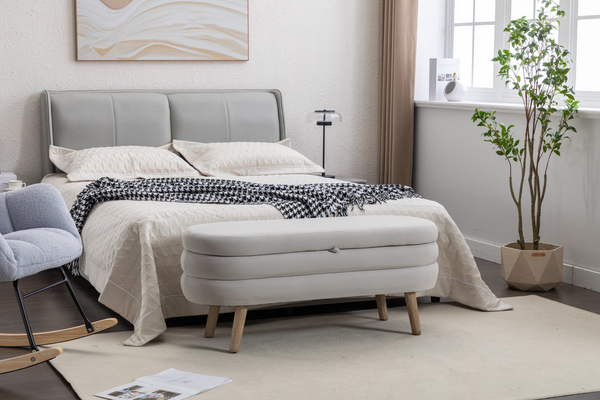 036 Velvet Fabric Storage Bench Bedroom Bench With Wood Legs For Living Room Bedroom Indoor,Light Gray Tufted Light Gray Velvet Bedroom Solid Modern Eucalyptus Internal Storage Foam Velvet