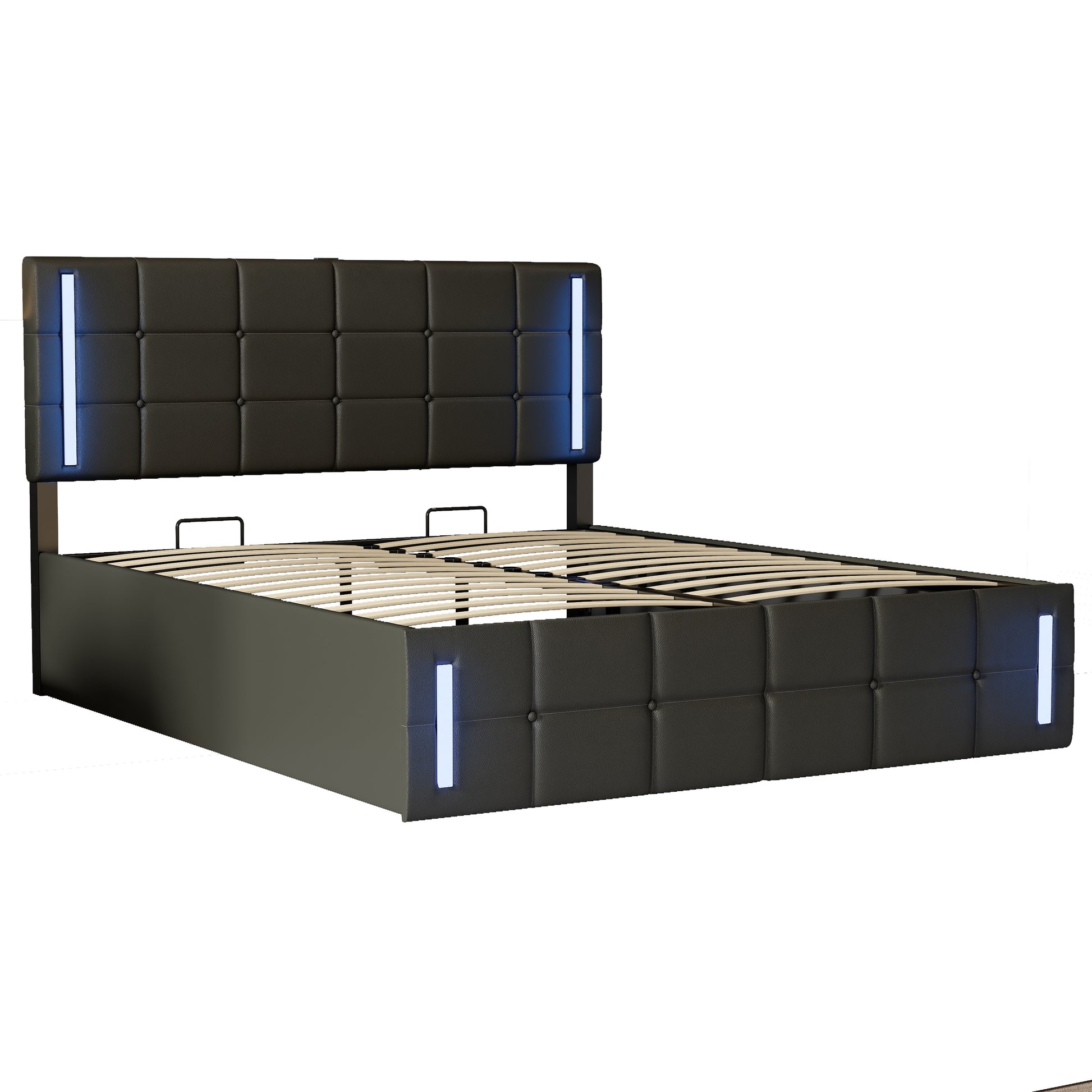 Full Size Upholstered Bed With Led Lights,Hydraulic Storage System And Usb Charging Station,Black Black Pu