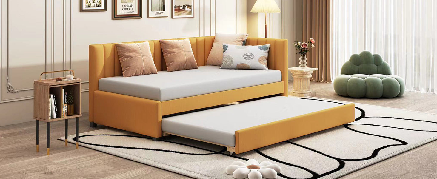 Upholstered Daybed With Trundle Twin Size Sofa Bed Frame No Box Spring Needed, Linen Fabric Yellow Yellow Linen