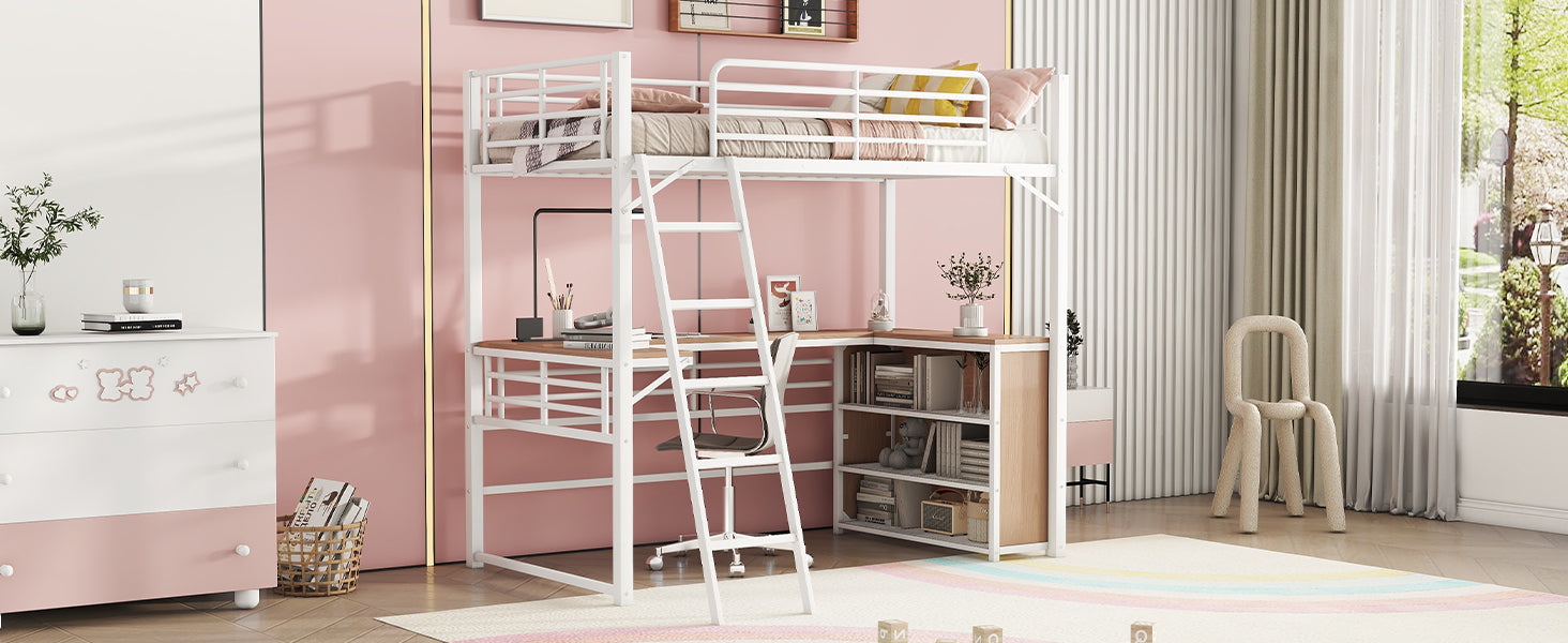 Twin Size Metal Loft Bed With 3 Layers Of Shelves And L Shaped Desk, White White Metal