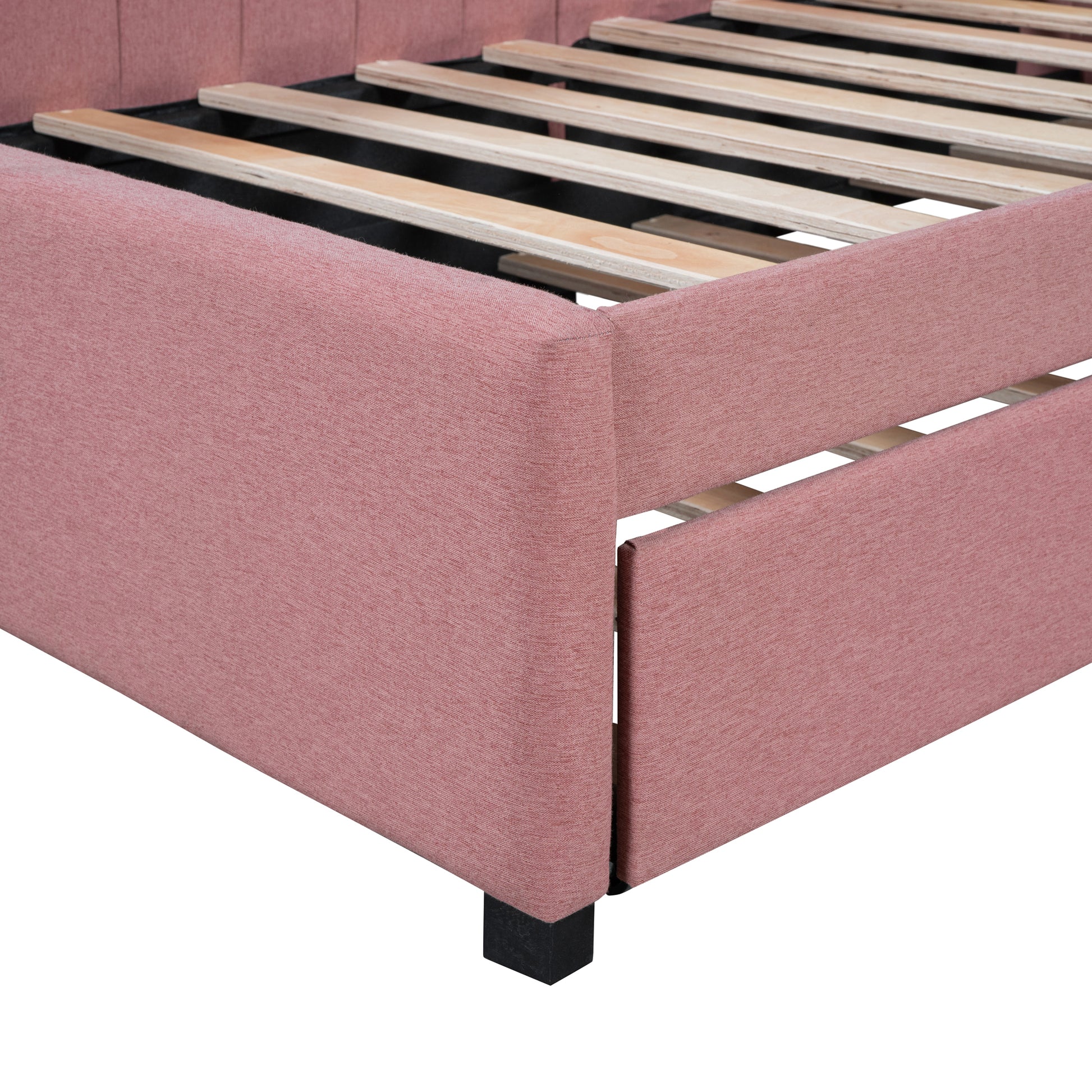 Upholstered Daybed With Trundle Twin Size Sofa Bed Frame No Box Spring Needed, Linen Fabric Pink Pink Linen