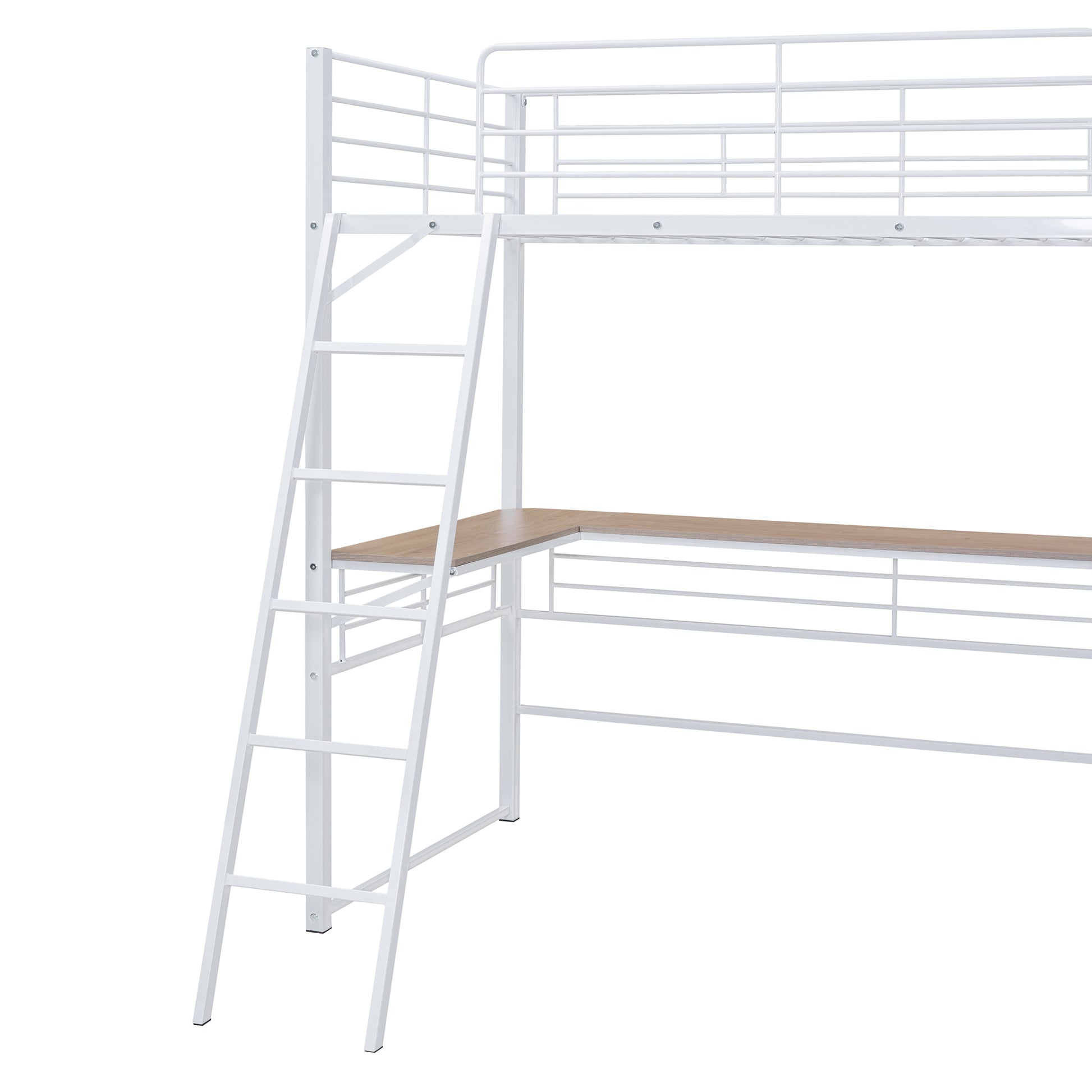Twin Size Metal Loft Bed With 3 Layers Of Shelves And L Shaped Desk, White White Metal