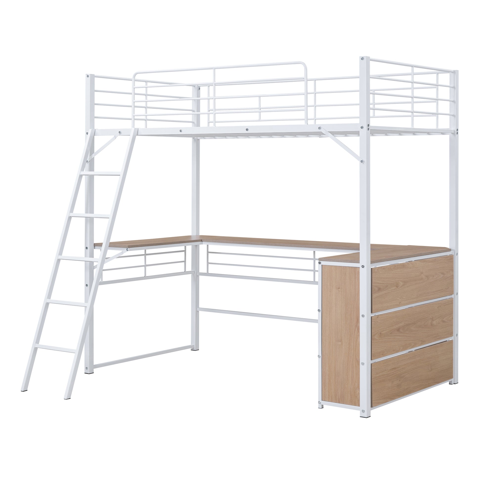 Twin Size Metal Loft Bed With 3 Layers Of Shelves And L Shaped Desk, White White Metal