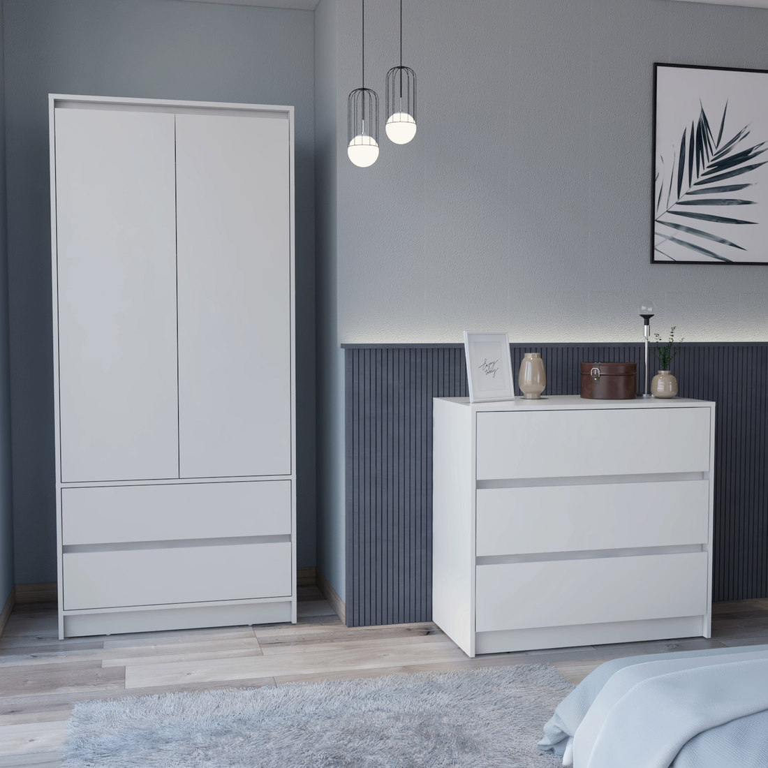 Lewes 2 Piece Bedroom Set, Dresser Armoire, White White Particle Board Engineered Wood