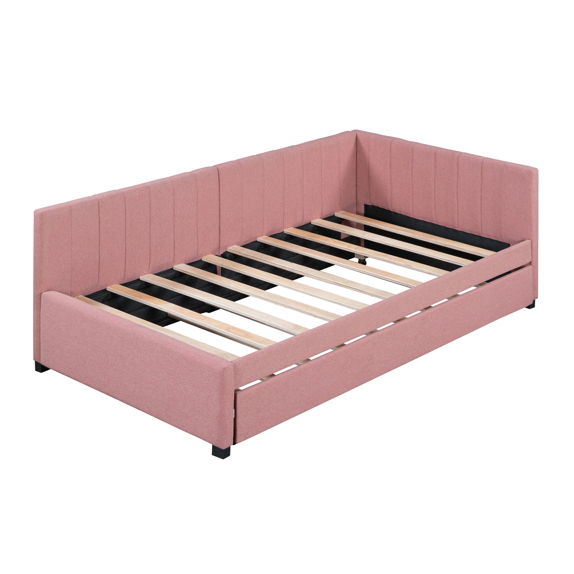 Upholstered Daybed With Trundle Twin Size Sofa Bed Frame No Box Spring Needed, Linen Fabric Pink Pink Linen