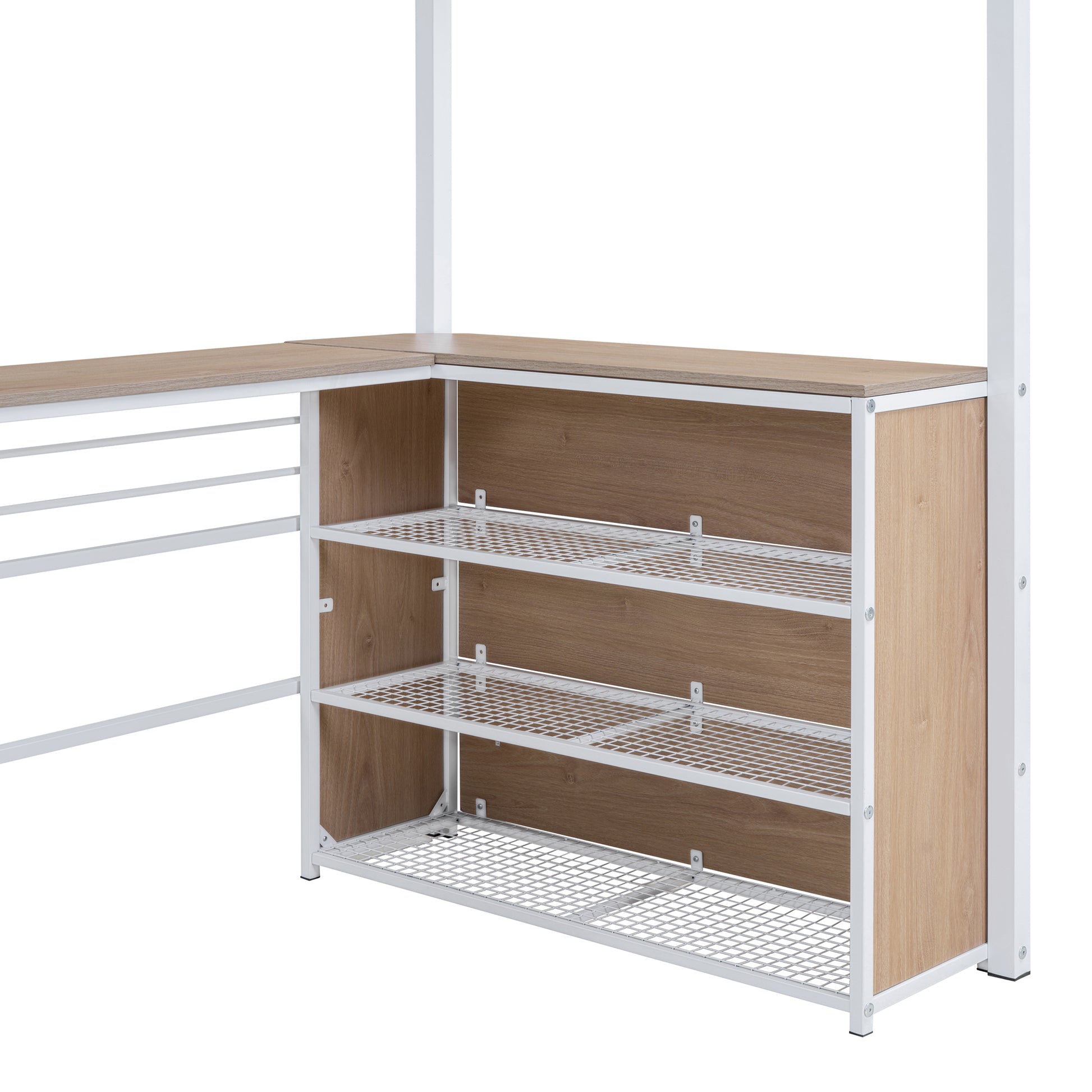 Twin Size Metal Loft Bed With 3 Layers Of Shelves And L Shaped Desk, White White Metal