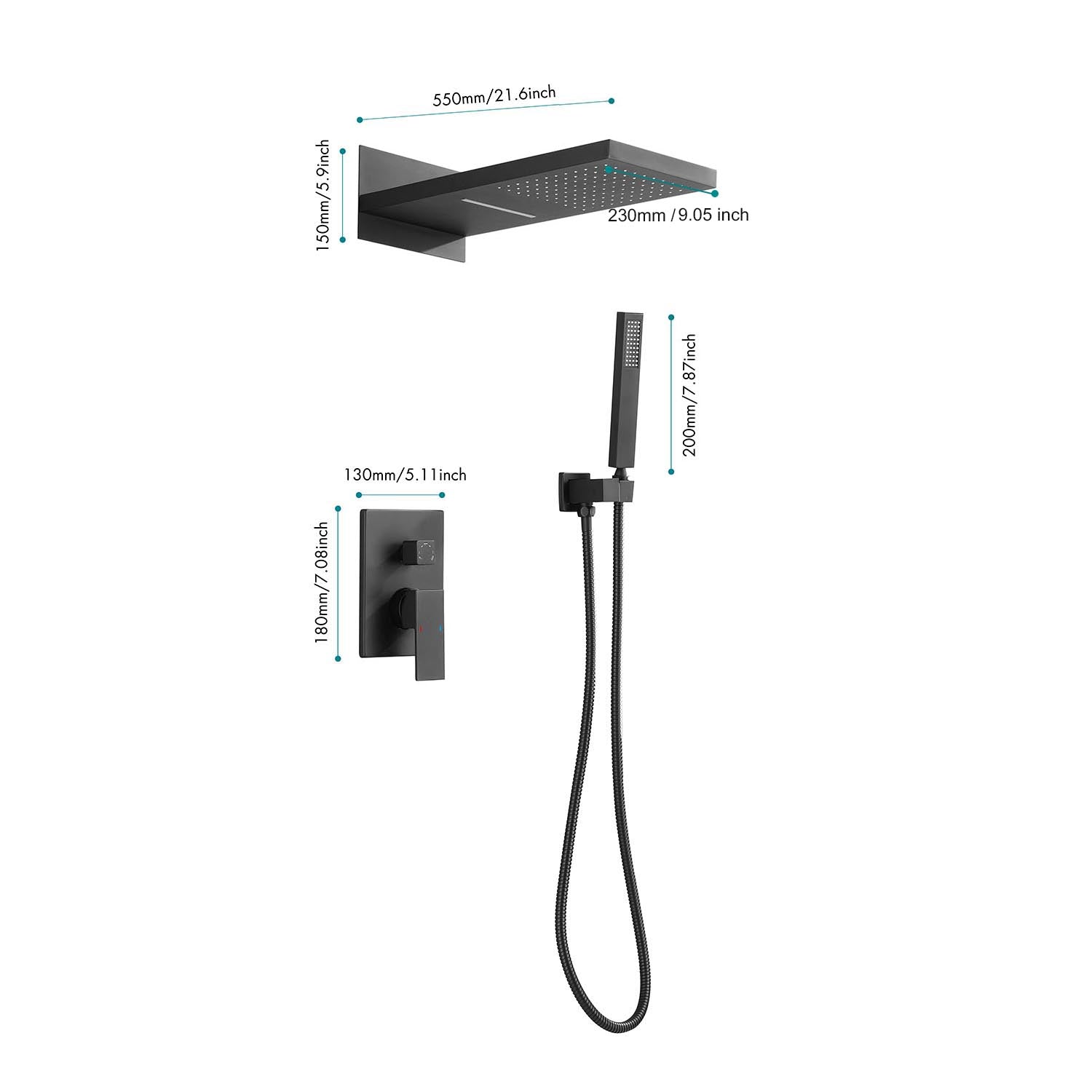 Wall Mounted Waterfall Rain Shower System Matte Black Brass